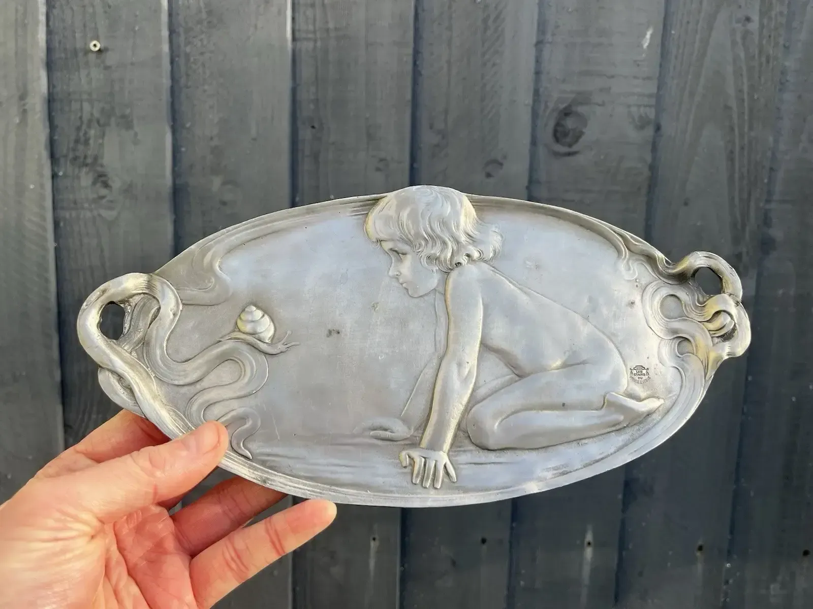 photo furniture Vintage Art Nouveau Style Child & Snail Pewter Card Tray After Original By Wmf