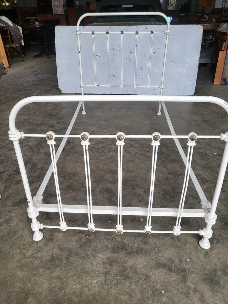 Antique Victorian Single White Cast Iron Bed Frame