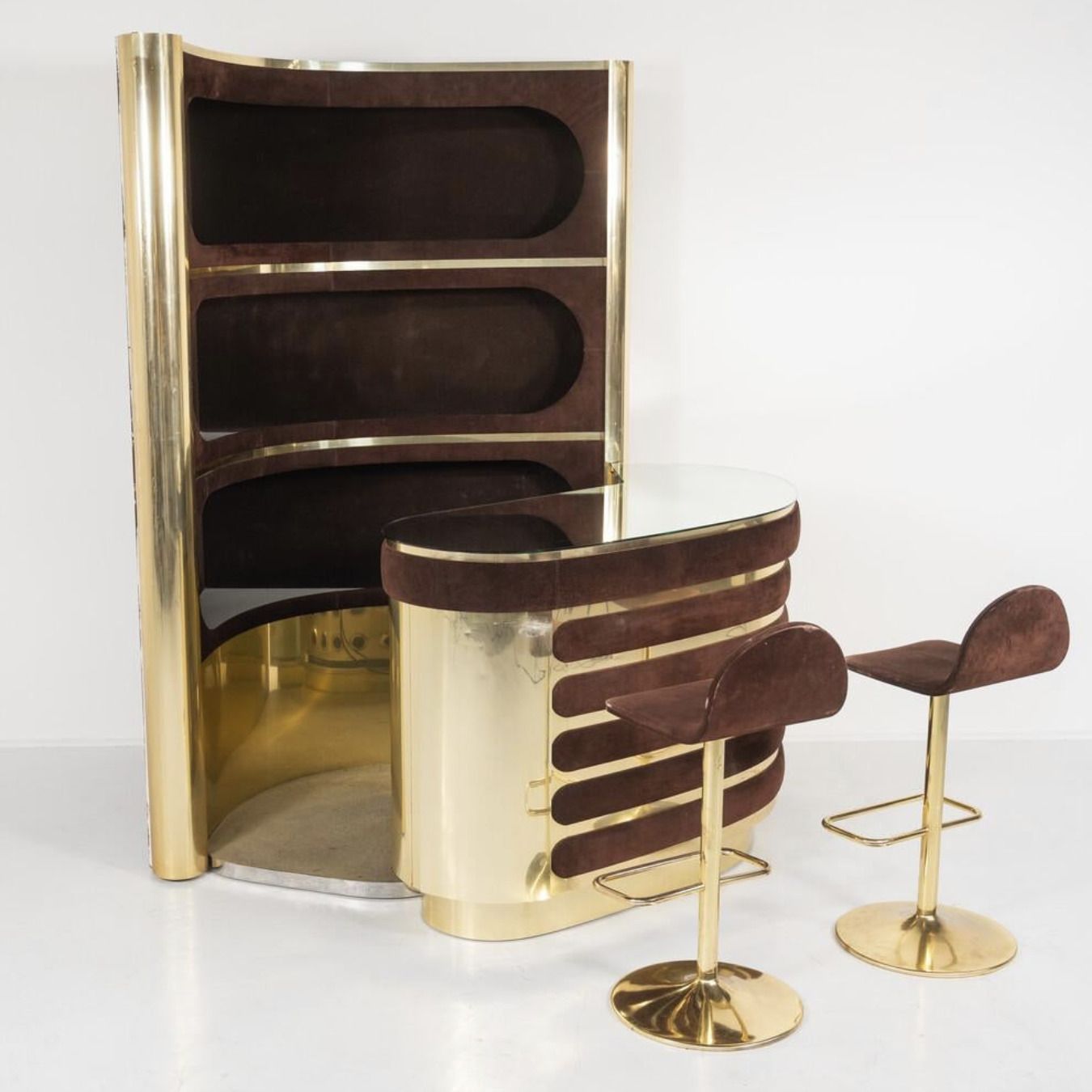 photo vintage Mid Century Modern Suede Bar By Willy Rizzo With 2 Stools , Italy, 1970s