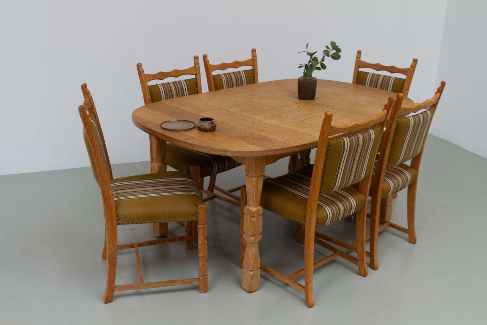 Danish Brutalist Oak Dining Chairs By Henning Kjærnulf, 1970s. Set Of 6. photo for sale