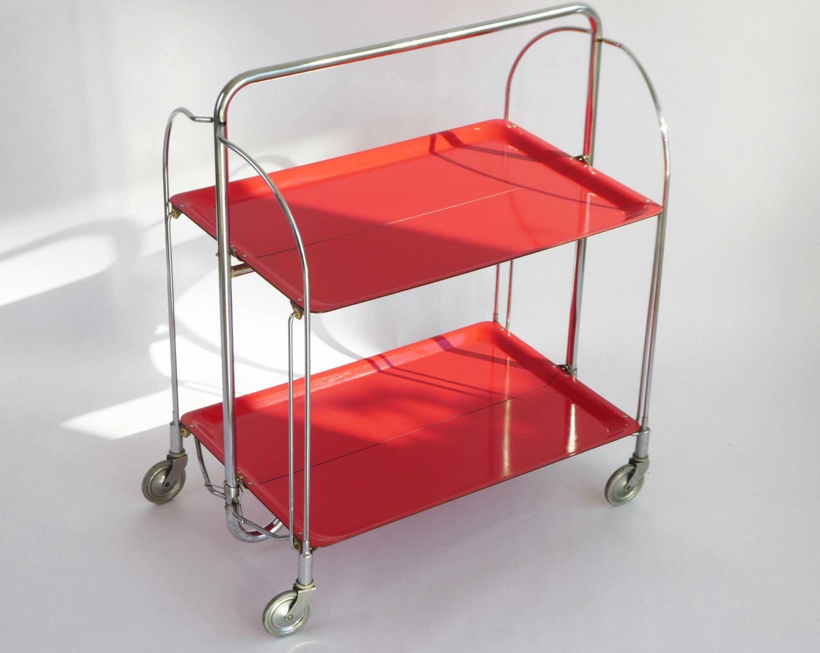 Iconic Red Mid Century Foldable Bar Cart, Rare Vintage Dinett Serving Trolley With Chrome Metal Design, Tea Cart Entertainment Trolley photo furniture