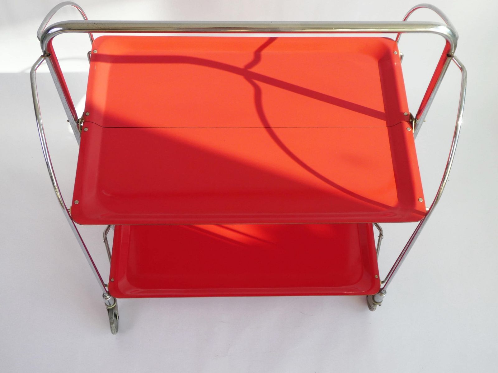 Iconic Red Mid Century Foldable Bar Cart, Rare Vintage Dinett Serving Trolley With Chrome Metal Design, Tea Cart Entertainment Trolley photo for sale