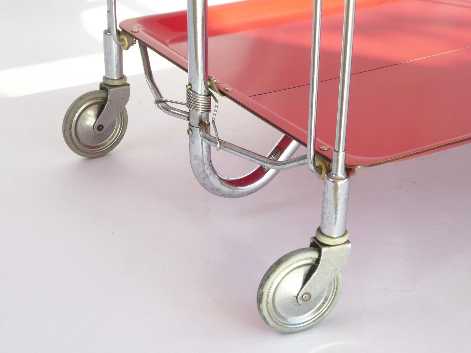 Iconic Red Mid Century Foldable Bar Cart, Rare Vintage Dinett Serving Trolley With Chrome Metal Design, Tea Cart Entertainment Trolley photo buy