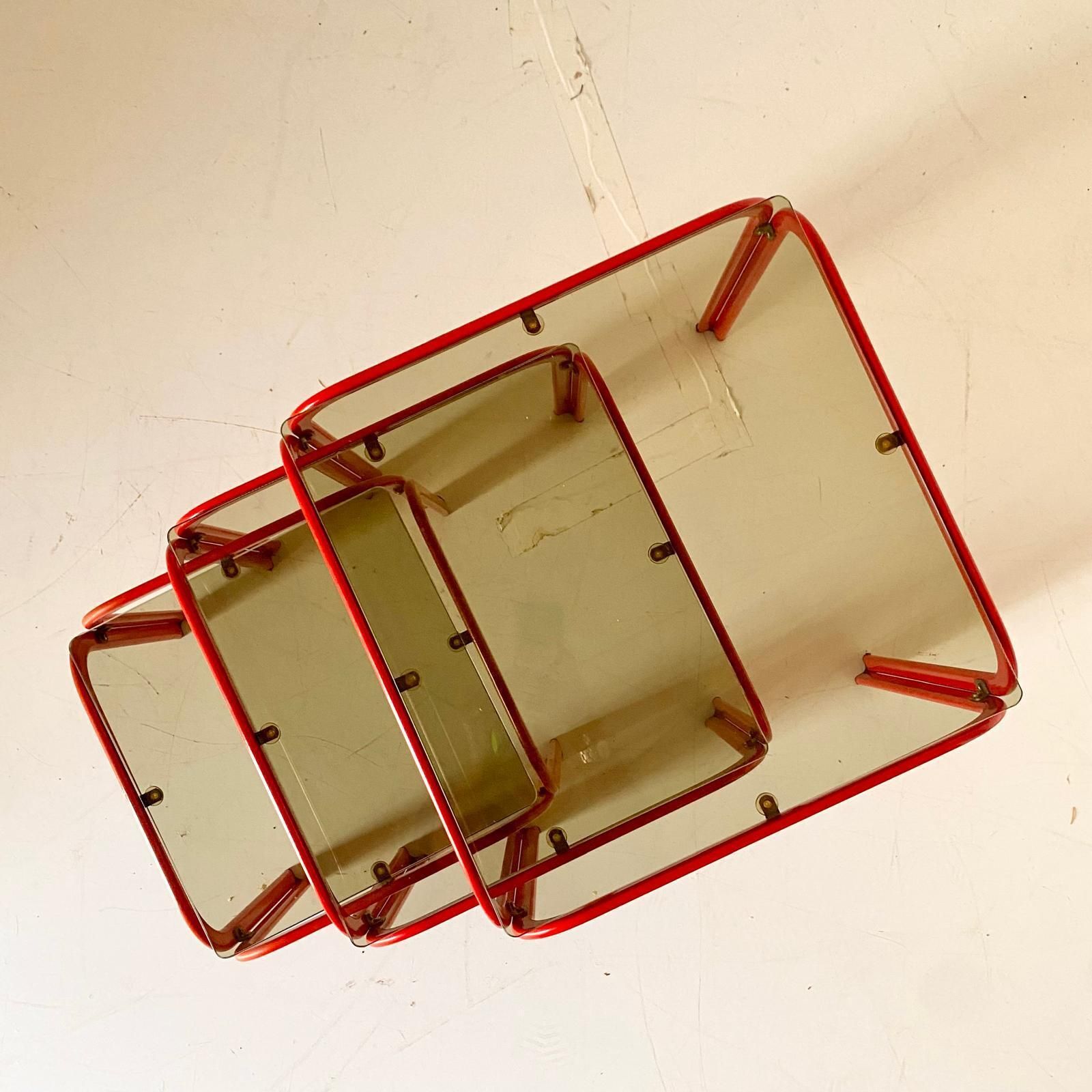 1970s Vintage Italian Nesting Tables With Red Iron Frame & Smoked Glass photo for sale