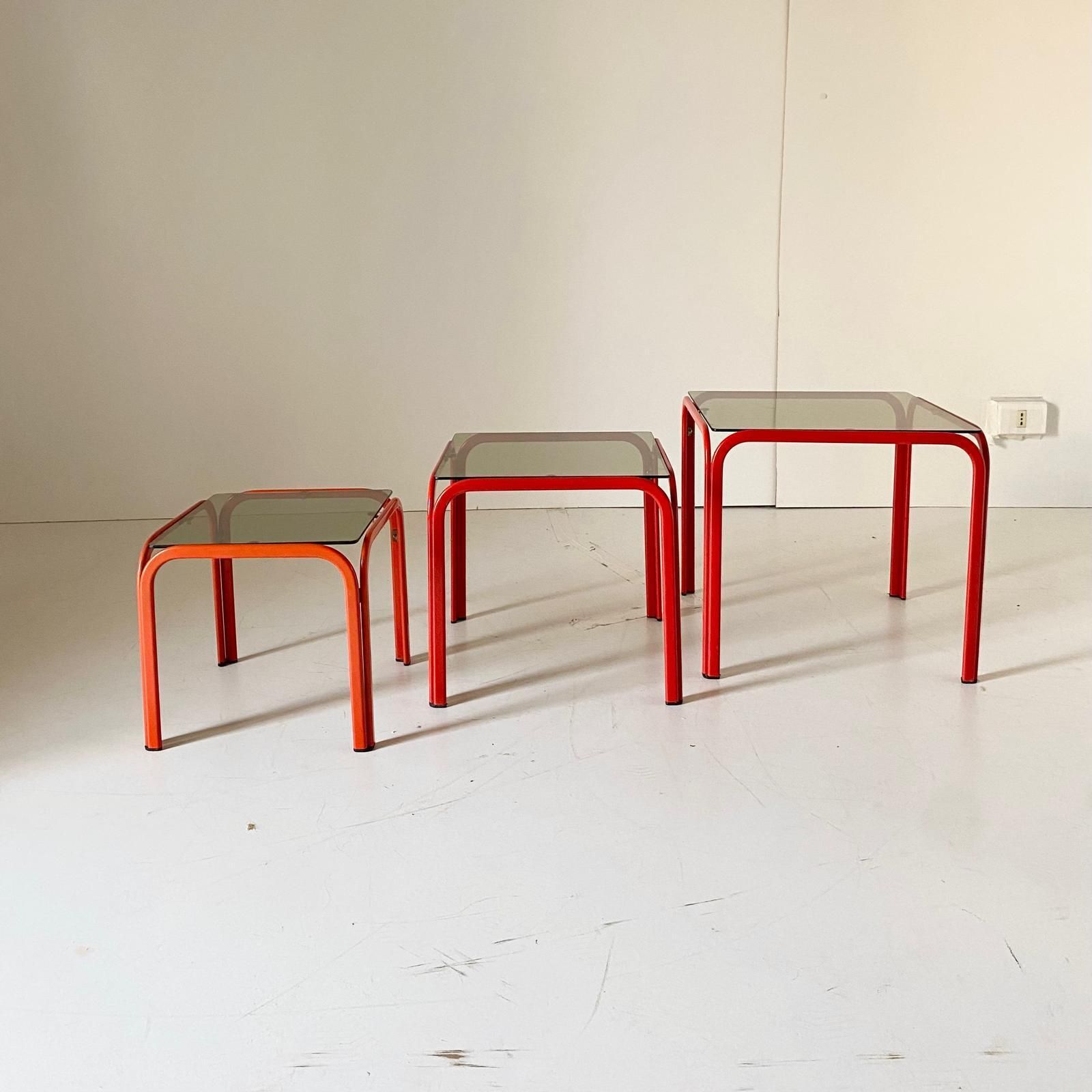 1970s Vintage Italian Nesting Tables With Red Iron Frame & Smoked Glass photo buy