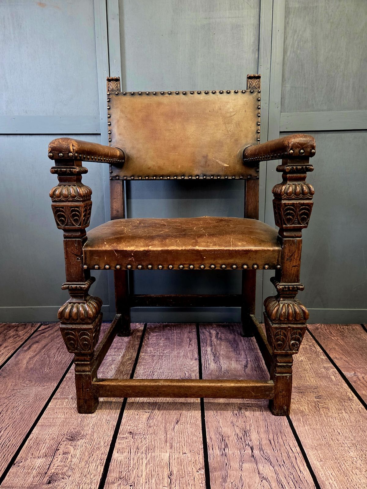 Pair Of Late 19th Century Jacobean Revival Carved Oak Armchairs With Original Studded Leather photo 695.0