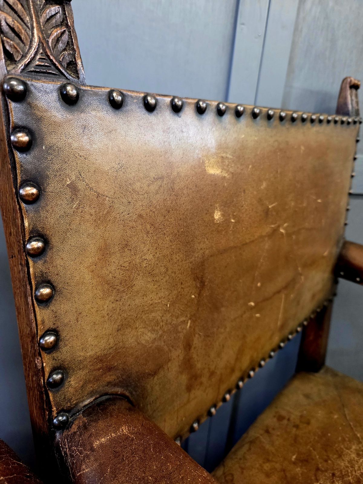 Pair Of Late 19th Century Jacobean Revival Carved Oak Armchairs With Original Studded Leather photo vinterior