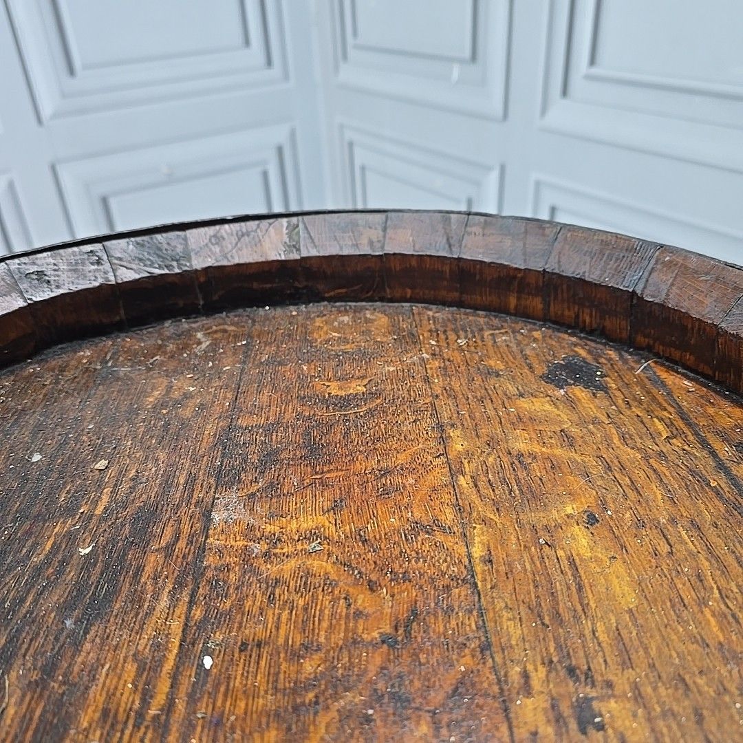 photo vintage Vintage Oak Whiskey Barrel Madeira Wine Stave Pub Table Base Display Planter