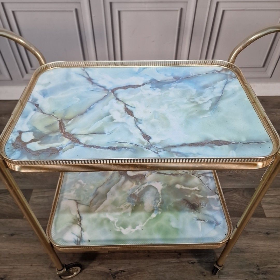 Vintage Drinks Tea Trolley 2 Tier Bar Cocktail Cart Marble Gold Effect Retro photo Furniture