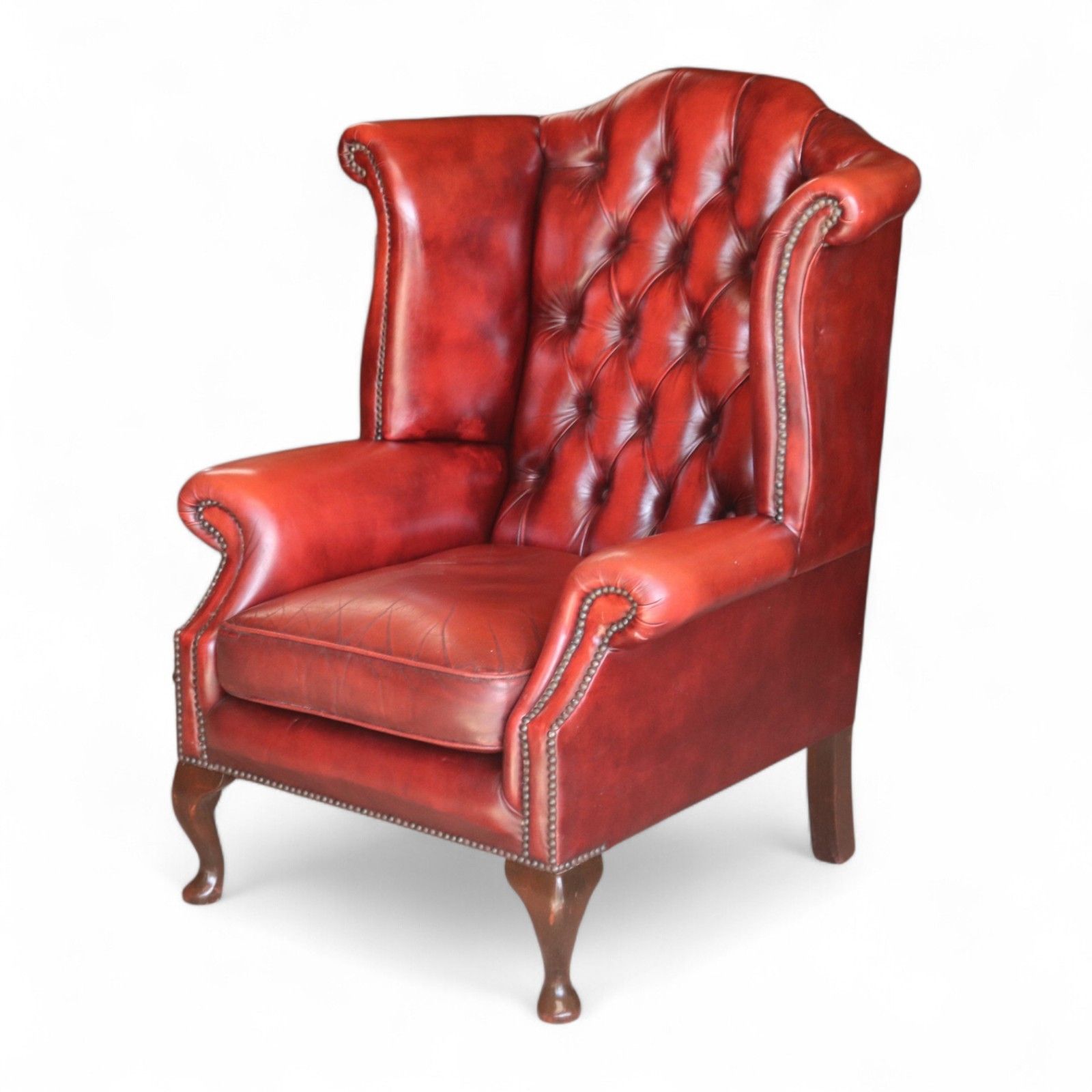 Vintage Oxblood Red Leather Wingback Queen Anne Style  Chesterfield Armchair