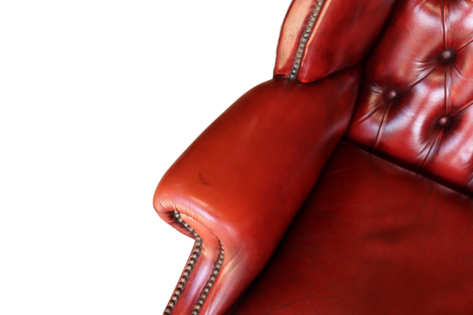 photo for sale Vintage Oxblood Red Leather Wingback Queen Anne Style  Chesterfield Armchair
