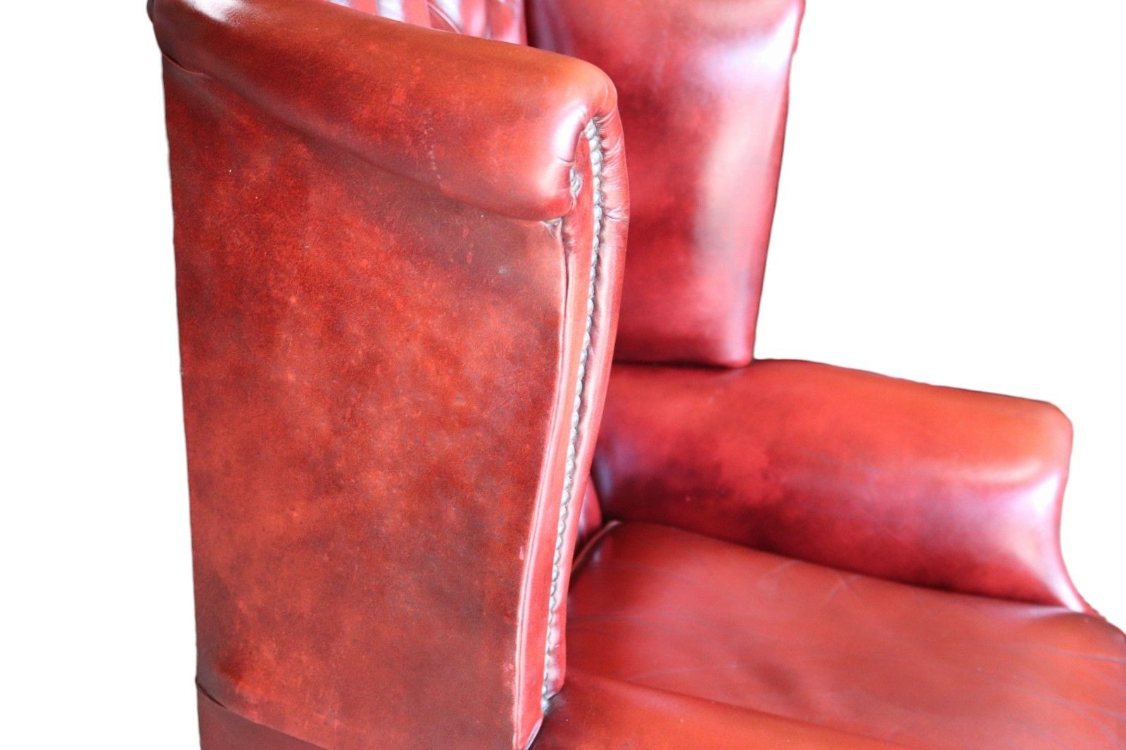 Furniture Vintage Oxblood Red Leather Wingback Queen Anne Style  Chesterfield Armchair photo