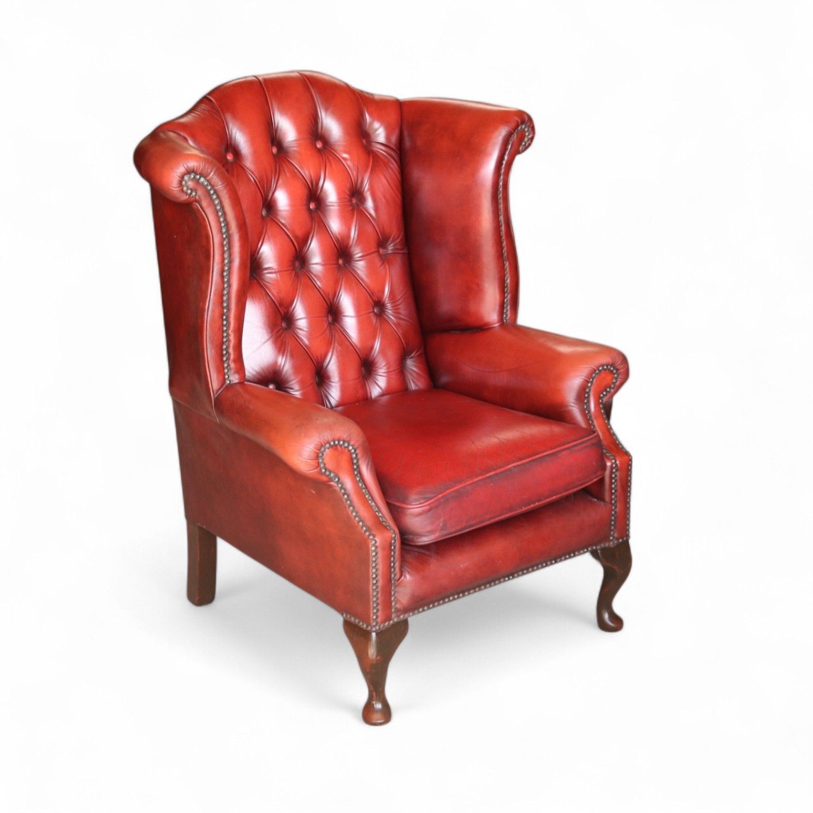 Vintage Oxblood Red Leather Wingback Queen Anne Style  Chesterfield Chair