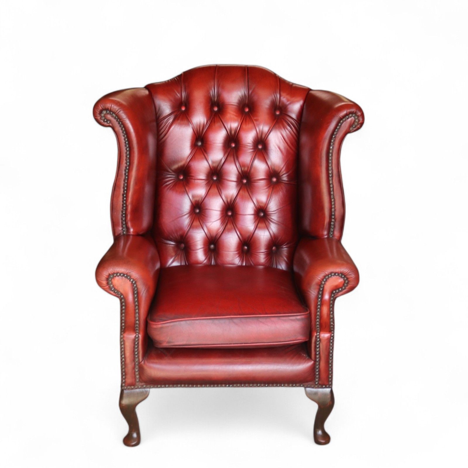 Vintage Oxblood Red Leather Wingback Queen Anne Style  Chesterfield Chair photo furniture