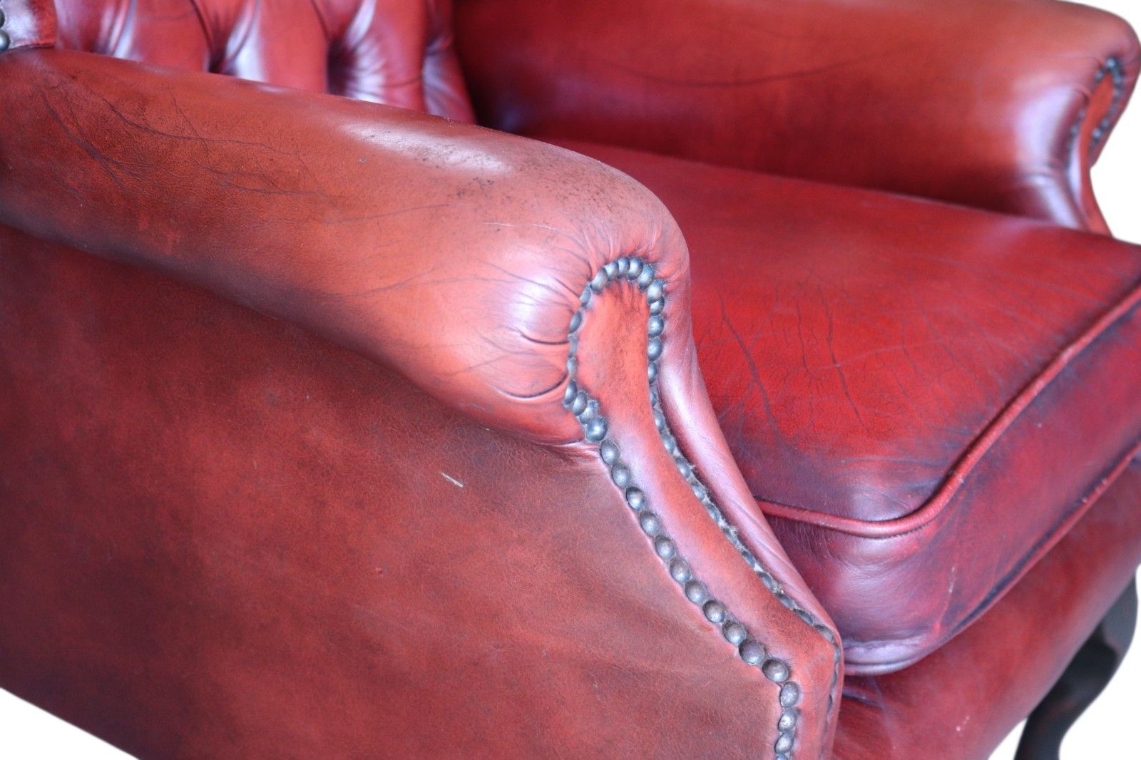 525.0 Vintage Oxblood Red Leather Wingback Queen Anne Style  Chesterfield Chair photo