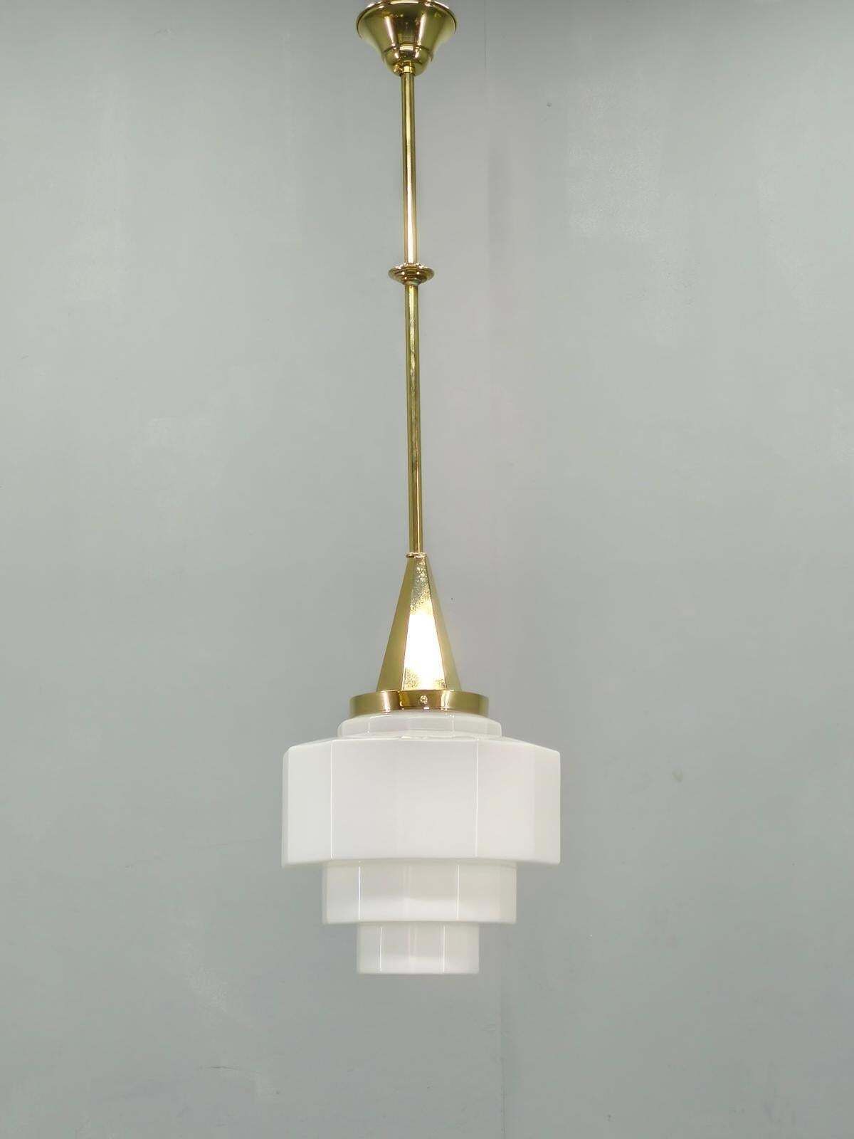 Art Deco Brass Pendant With Geometric Opaline Glass, Czechoslovakia 1930s photo furniture