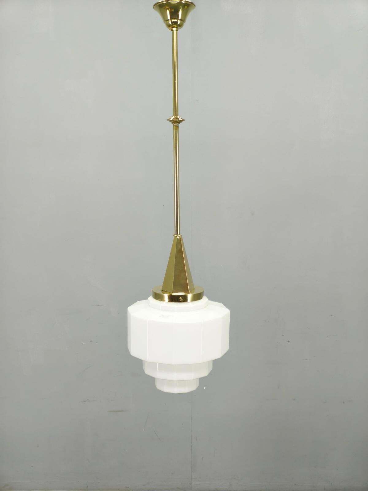 Art Deco Brass Pendant With Geometric Opaline Glass, Czechoslovakia 1930s photo for sale