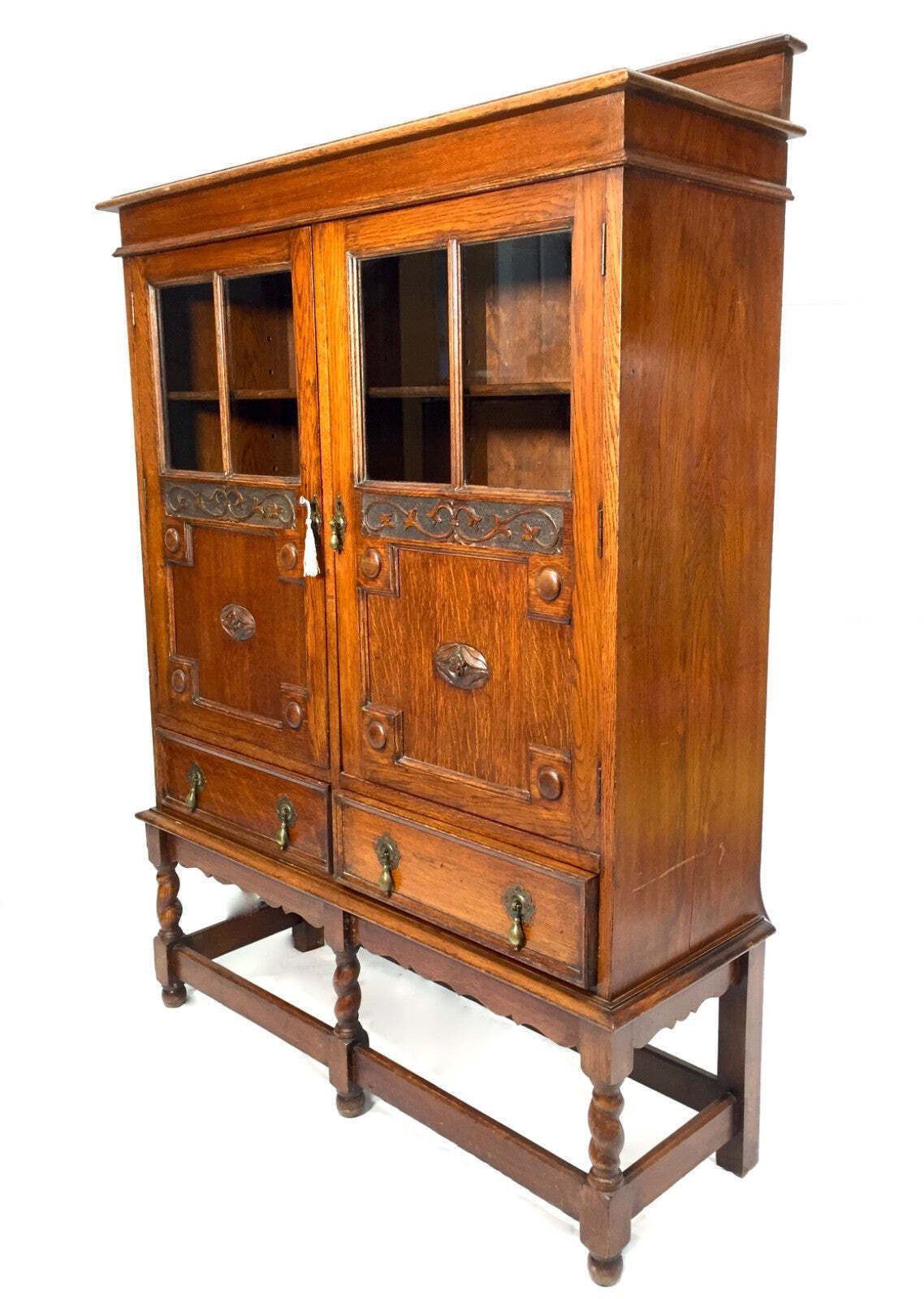 Antique 1920s Oak Wooden Display Bookcase Cabinet With Glazed Doors Sideboard photo furniture