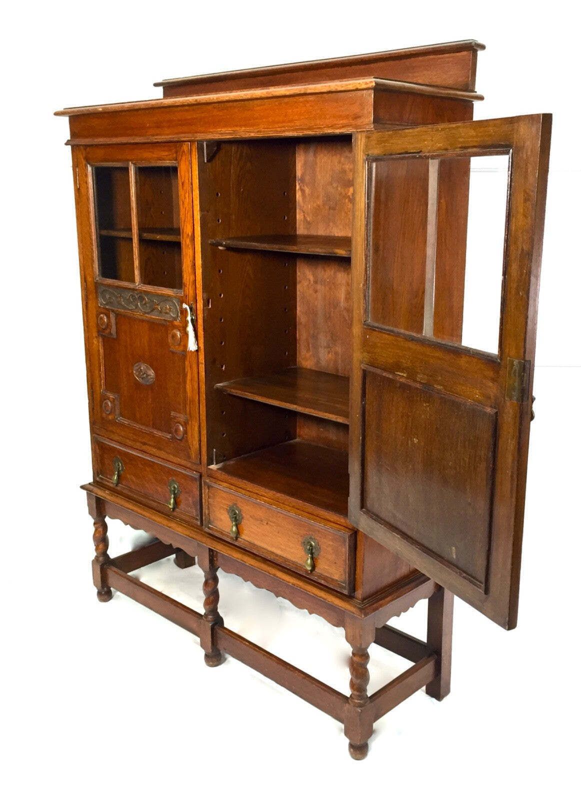 Antique 1920s Oak Wooden Display Bookcase Cabinet With Glazed Doors Sideboard photo for sale