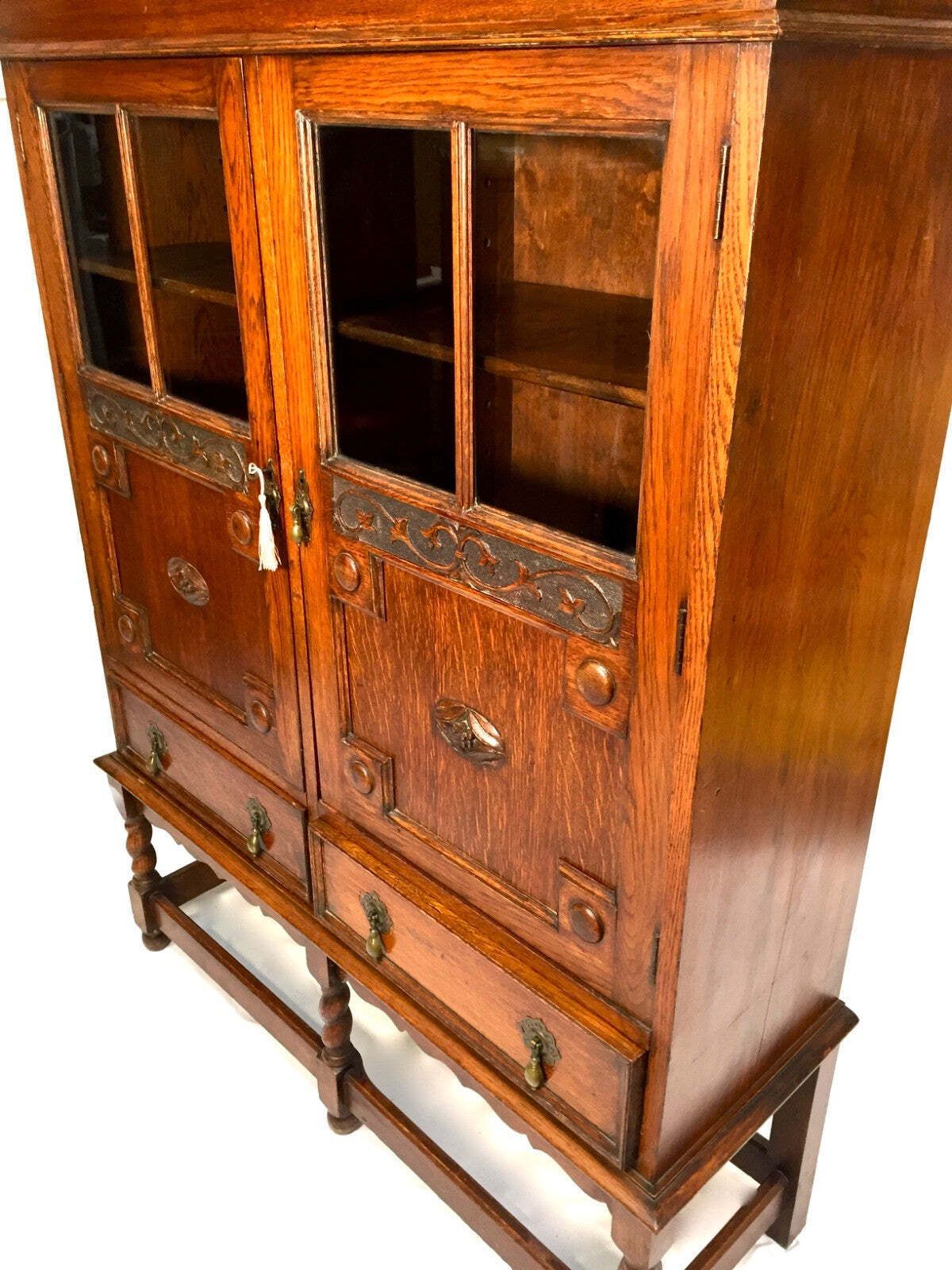photo furniture Antique 1920s Oak Wooden Display Bookcase Cabinet With Glazed Doors Sideboard