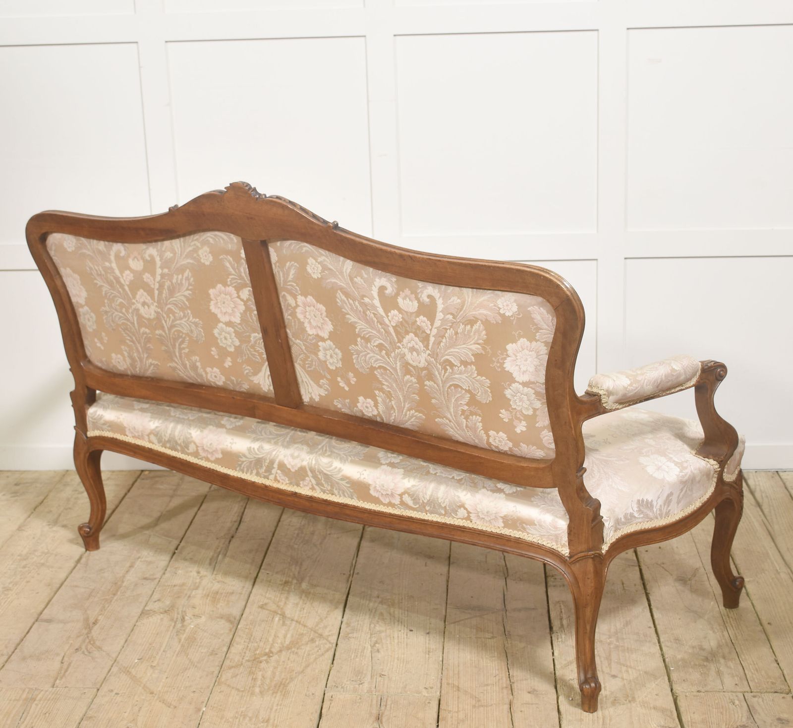Louis XV Style Carved Walnut Settee With Damask Upholstery photo for sale