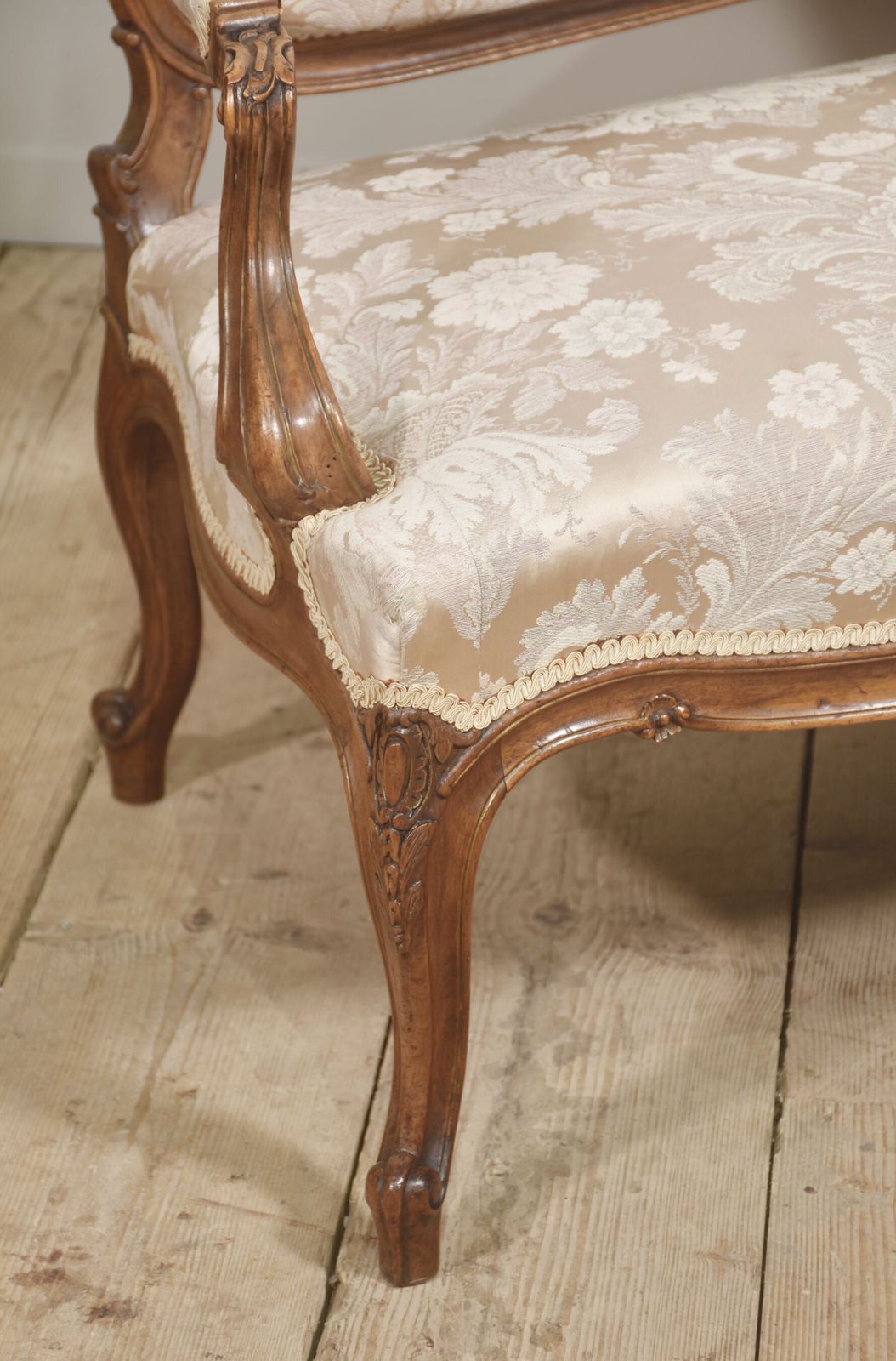 photo for sale Louis XV Style Carved Walnut Settee With Damask Upholstery