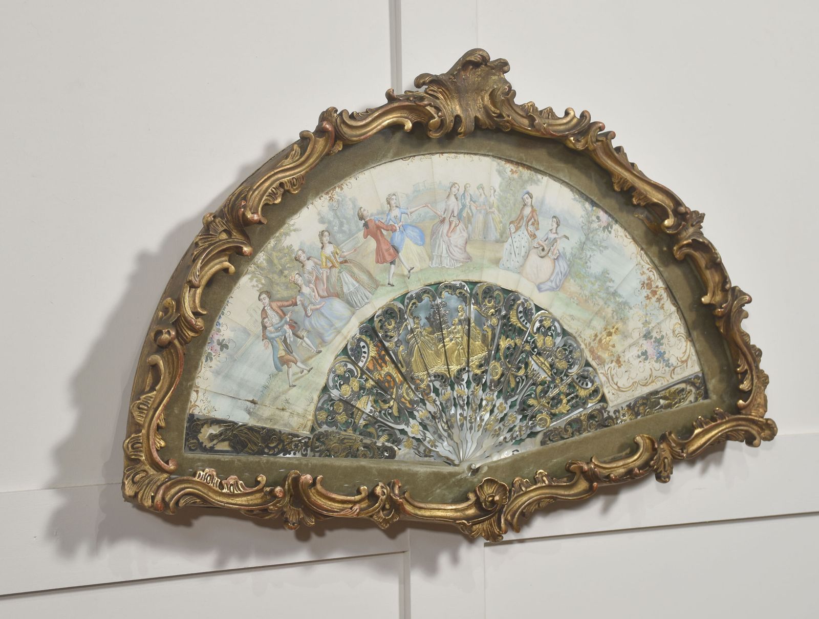 Decorative European Fan In Carved And Gilt Frame photo for sale