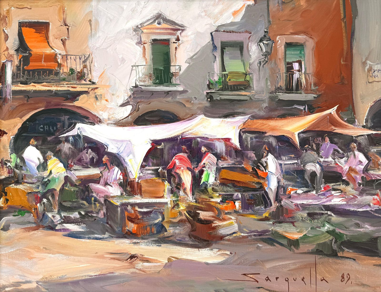 Josep Sarquella Escobet Mediterranean Village Market Scene Costa Brava Street Market Painting Oil Canvas 1989 photo furniture