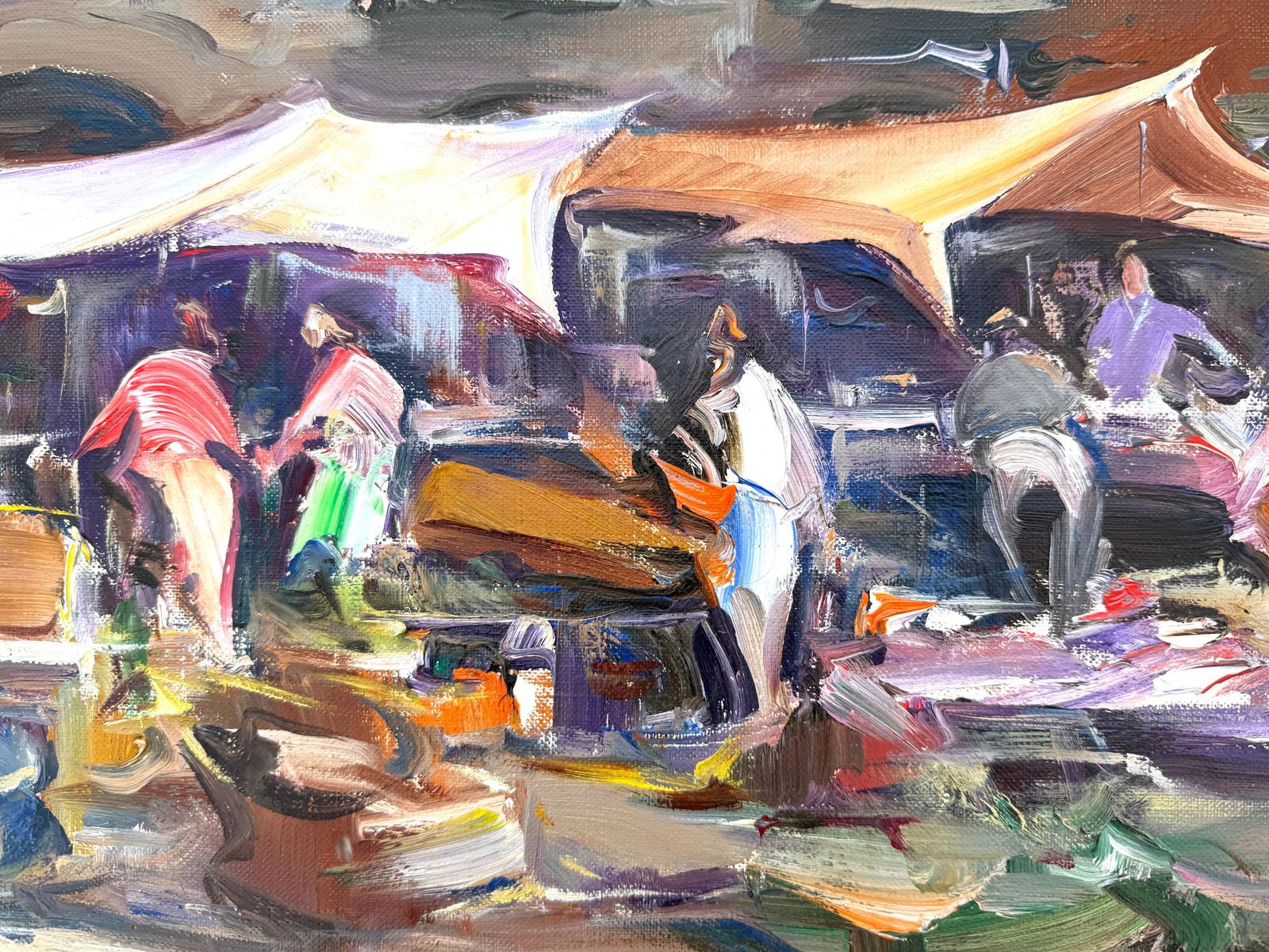 Josep Sarquella Escobet Mediterranean Village Market Scene Costa Brava Street Market Painting Oil Canvas 1989 photo Art