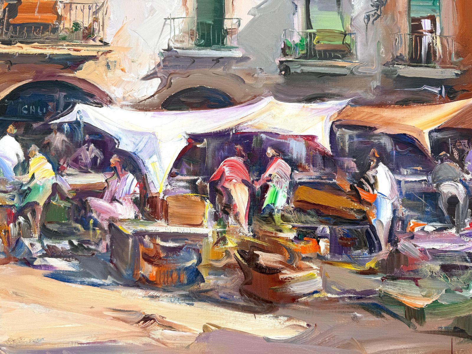 Josep Sarquella Escobet Mediterranean Village Market Scene Costa Brava Street Market Painting Oil Canvas 1989 photo buy
