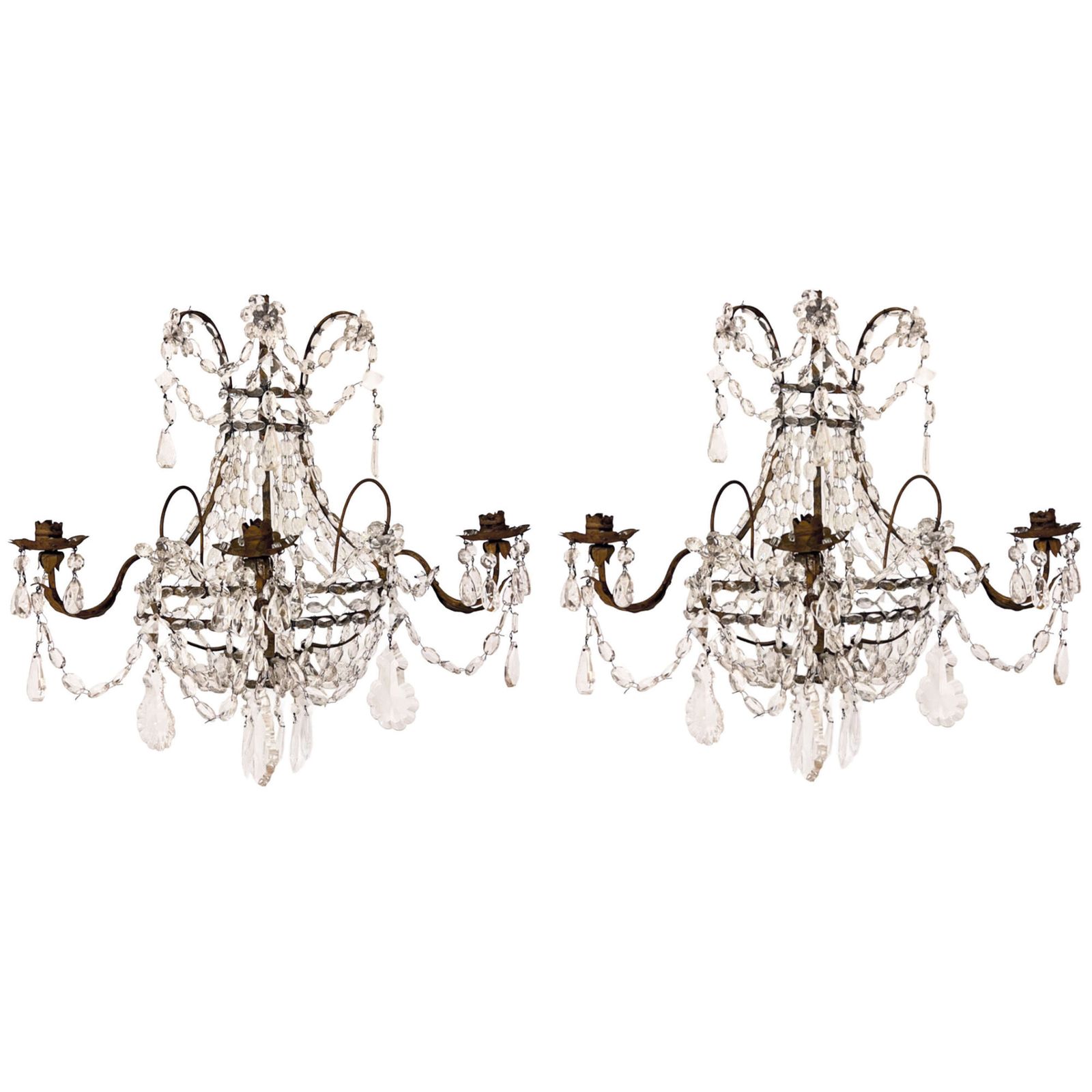 Pair Of Large 1920s French Gilt Metal & Glass Three Arm Wall Sconces