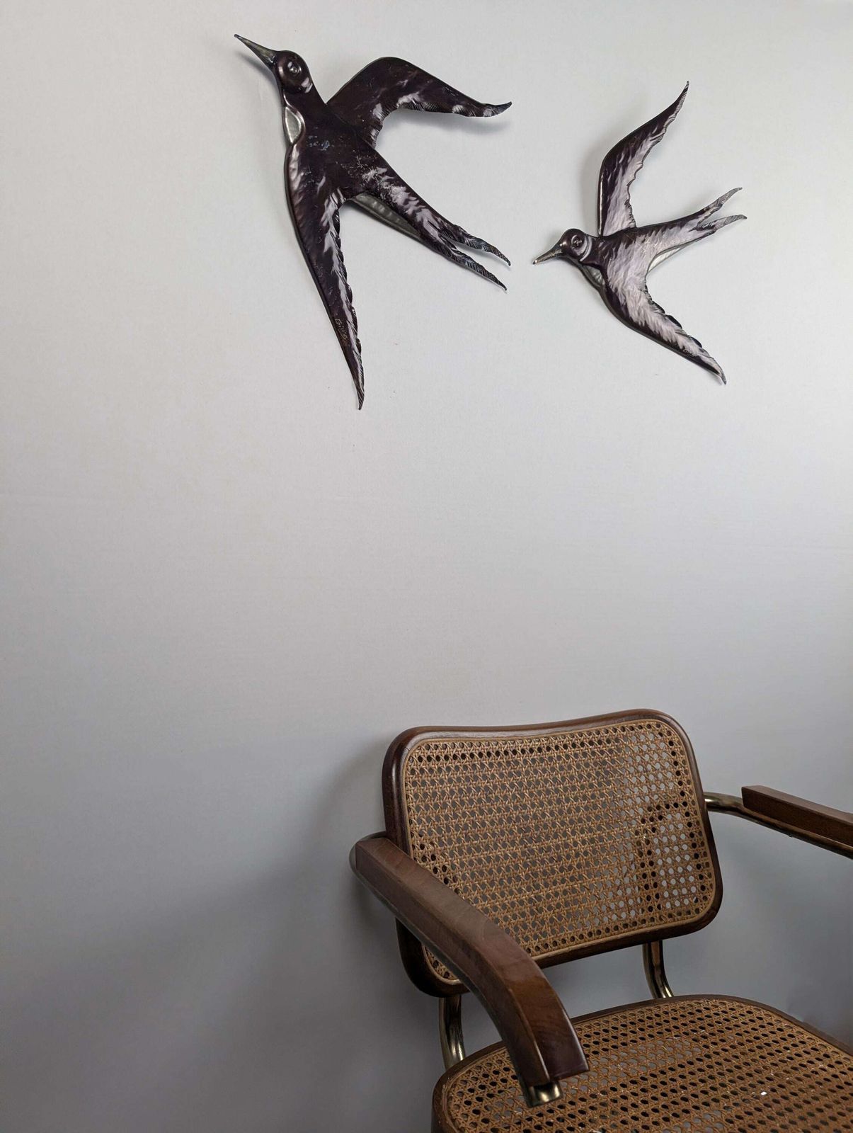 Pair Of Metal Swallow Wall Sculptures, Signed, 1970s photo for sale