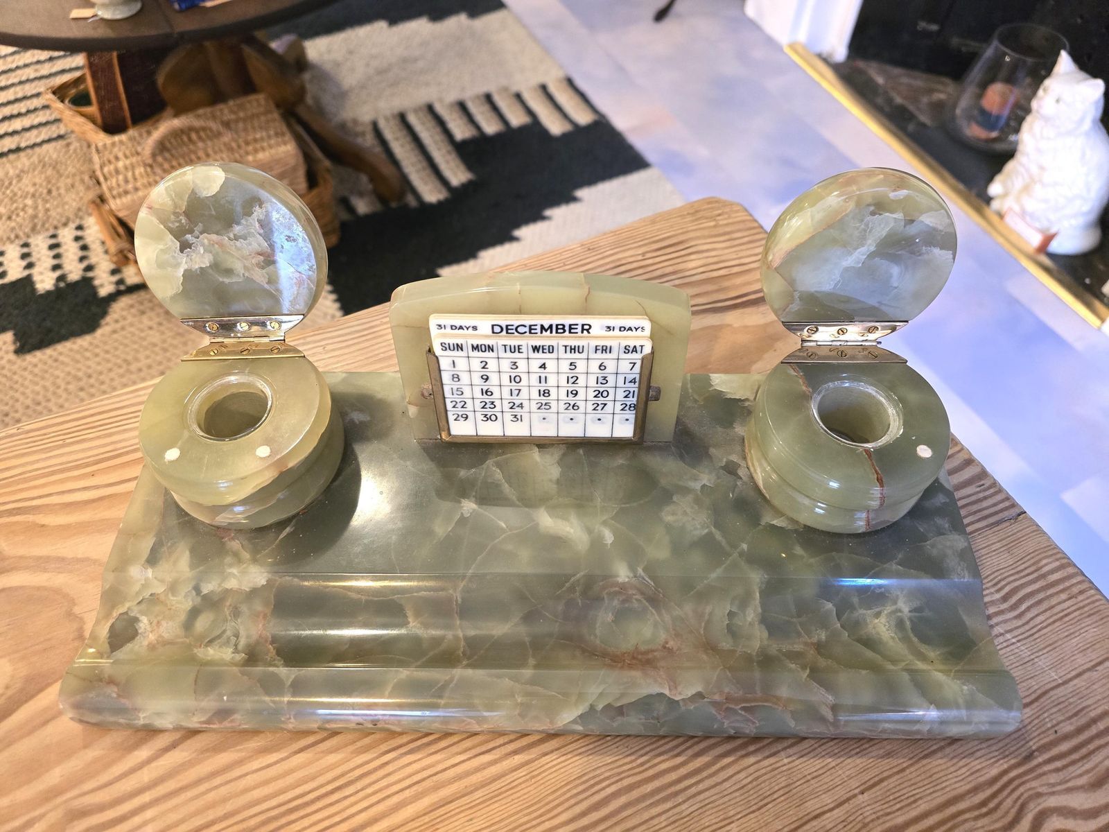 Antique Art Deco Green Onyx Desk Set   Perpetual Calendar, Two Ink Wells, Pen Holder photo furniture