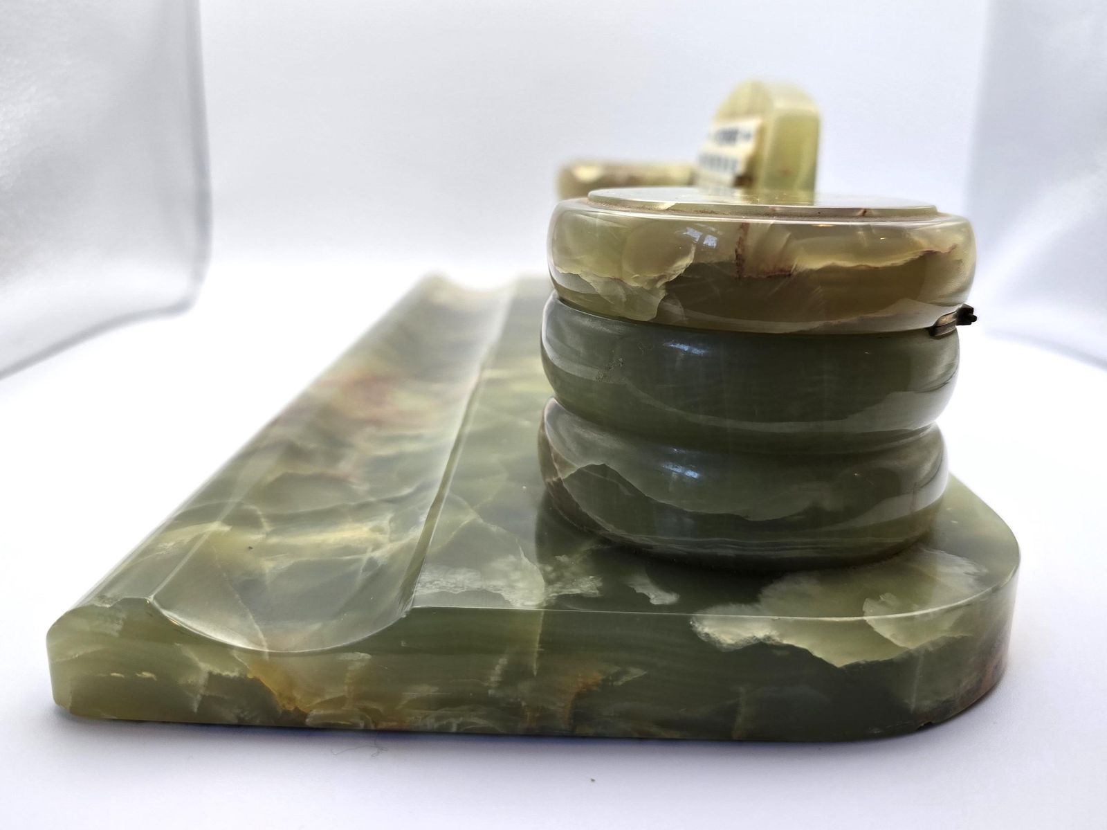 Antique Art Deco Green Onyx Desk Set   Perpetual Calendar, Two Ink Wells, Pen Holder photo buy