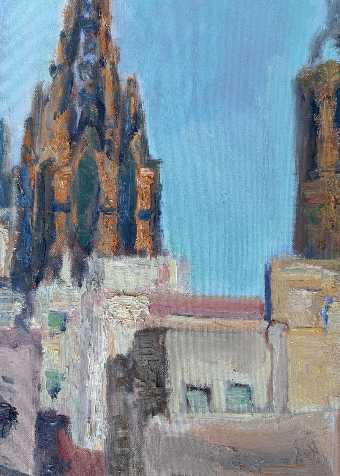 Simon Busom Mid Century Barcelona Cathedral Rooftops Oil Painting, Mediterranean Spanish 1969 photo vinterior