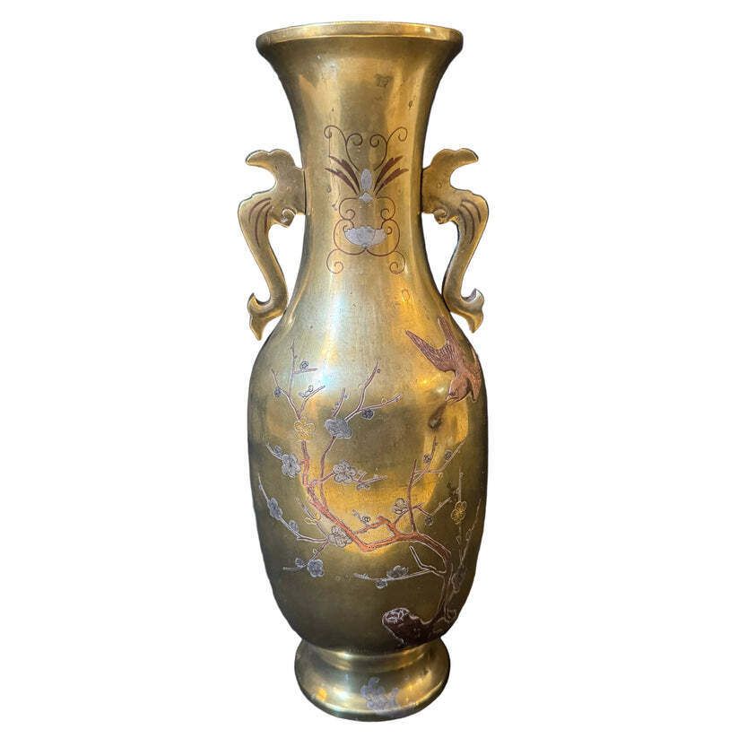 Antique Early 1900s Japanese Meiji Mixed Metal Bronze Large Vase photo furniture