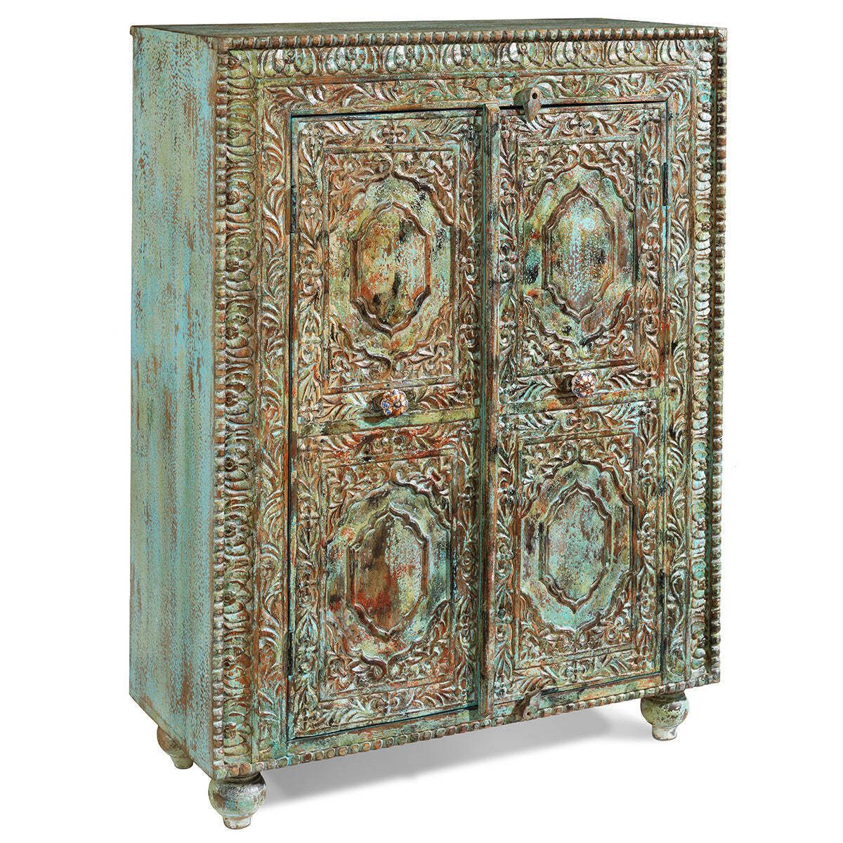 Painted Vintage Cabinet With Relief Carvings