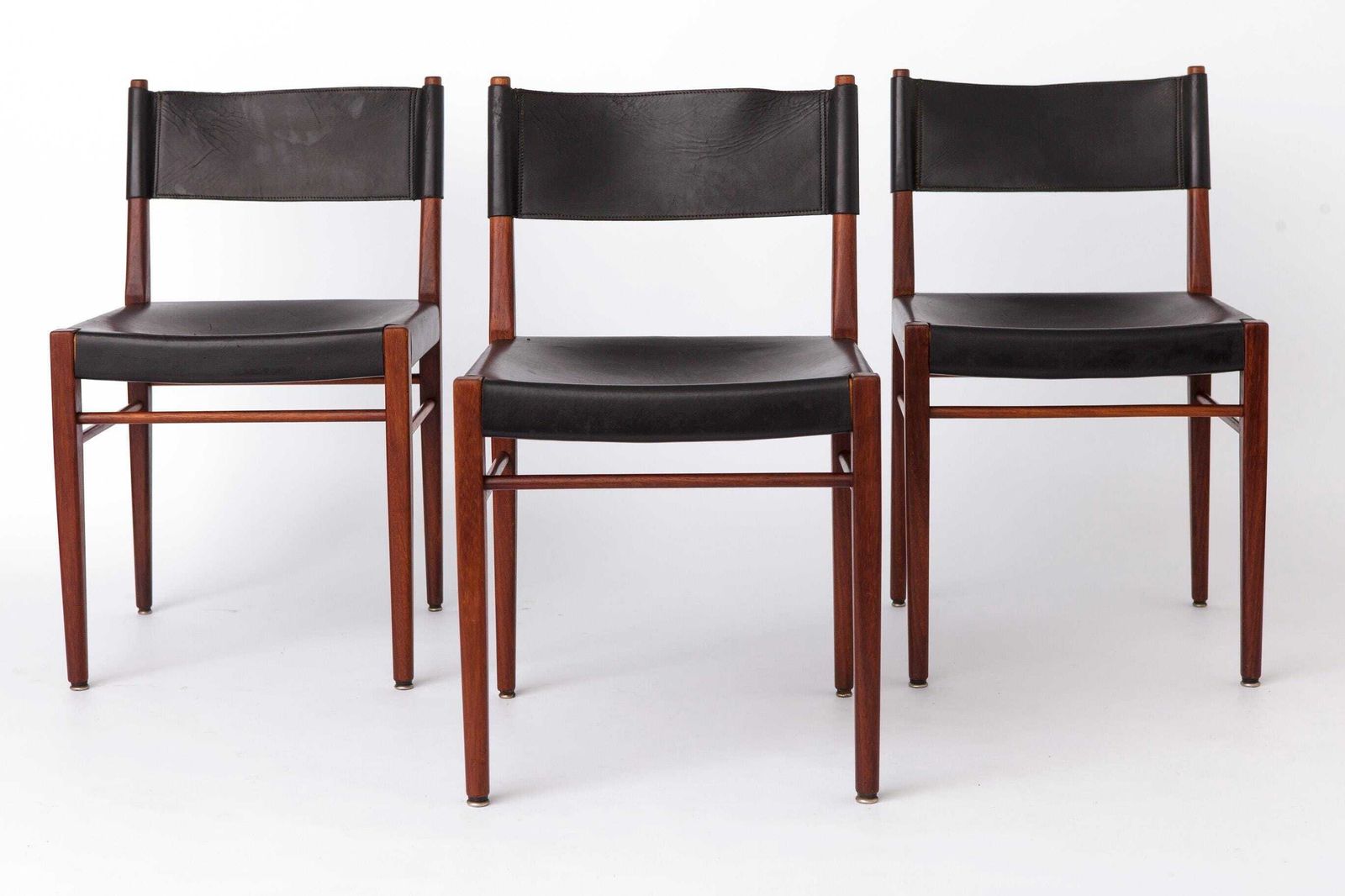 Set Of 3 Helmut Magg Dining Chairs – Model 3024 For Deutsche Werkstätten, Mid Century Teak Chairs With Black Saddle Leather