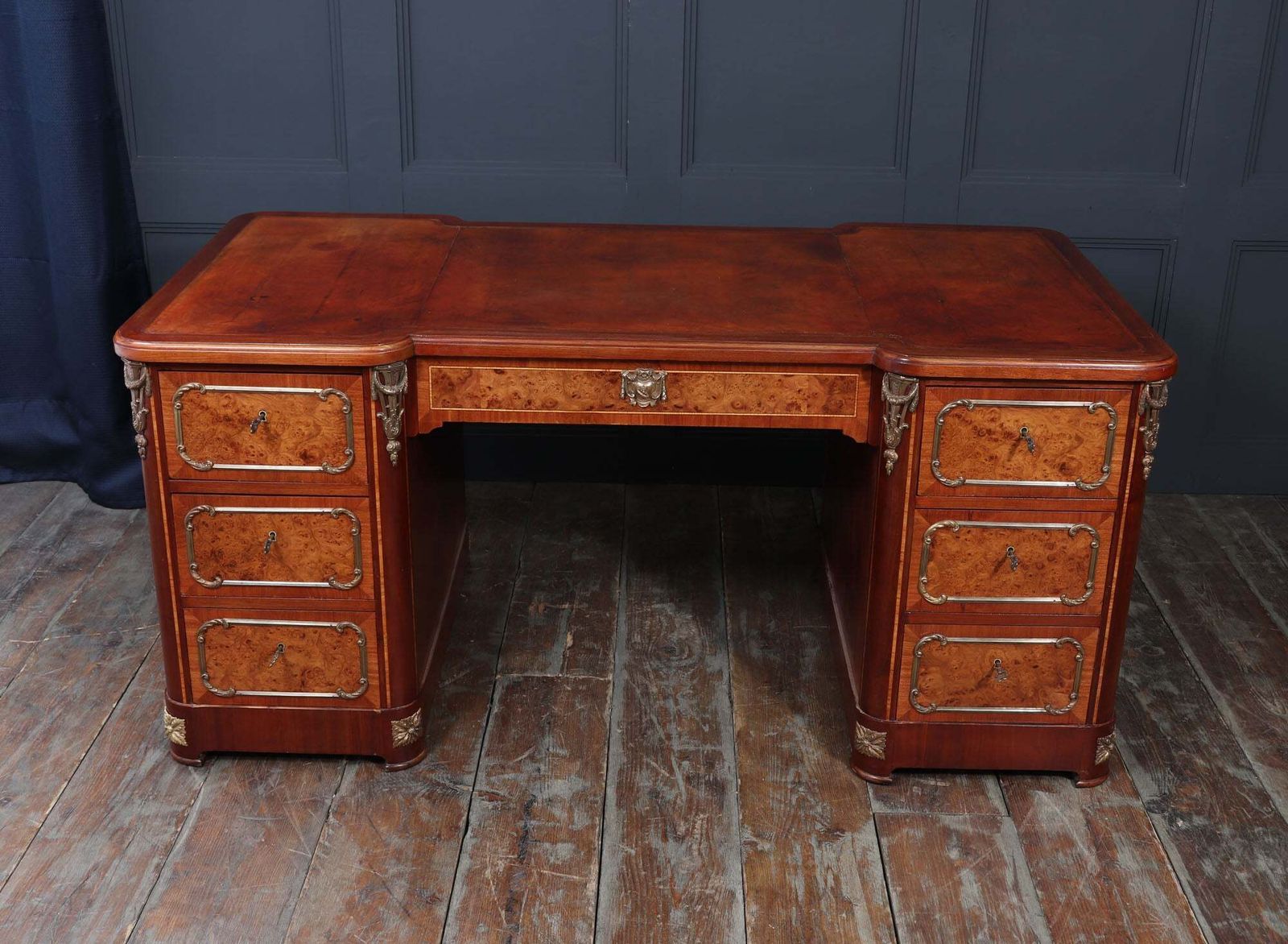 photo for sale Fine French Burr Walnut Pedestal Desk With Gilt Bronze Ormolu Mounts C1880