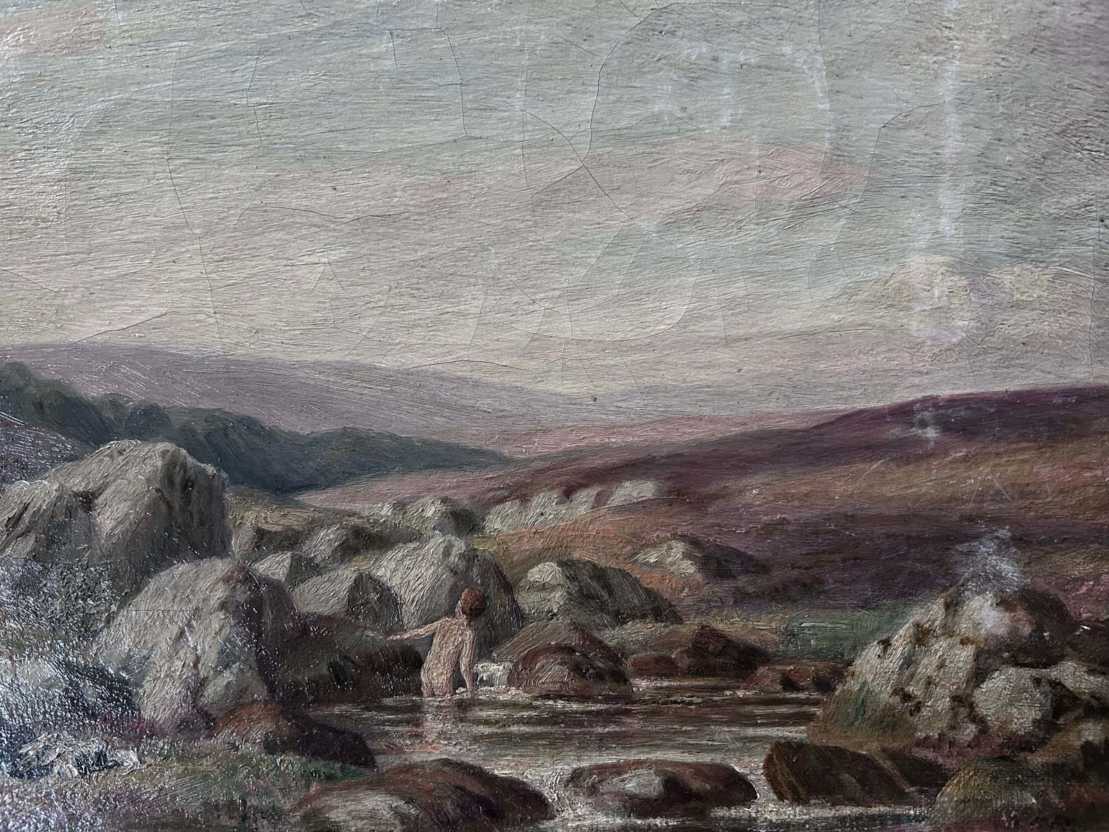 19th Century Antique Oil Painting Moorland Landscape Child Bather photo 195.0