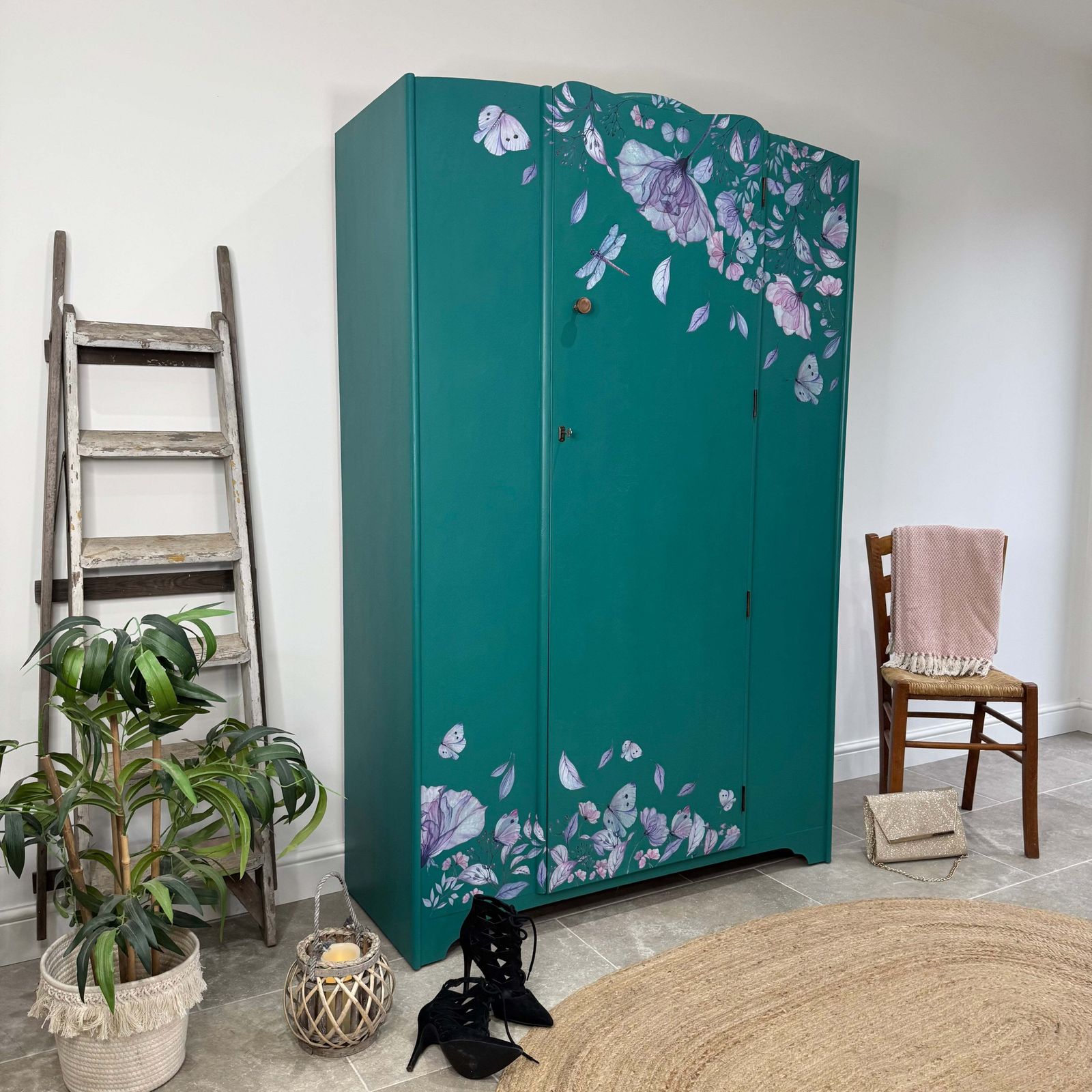 Vintage Wardrobe Armoire Painted Teal Green With Florals photo furniture