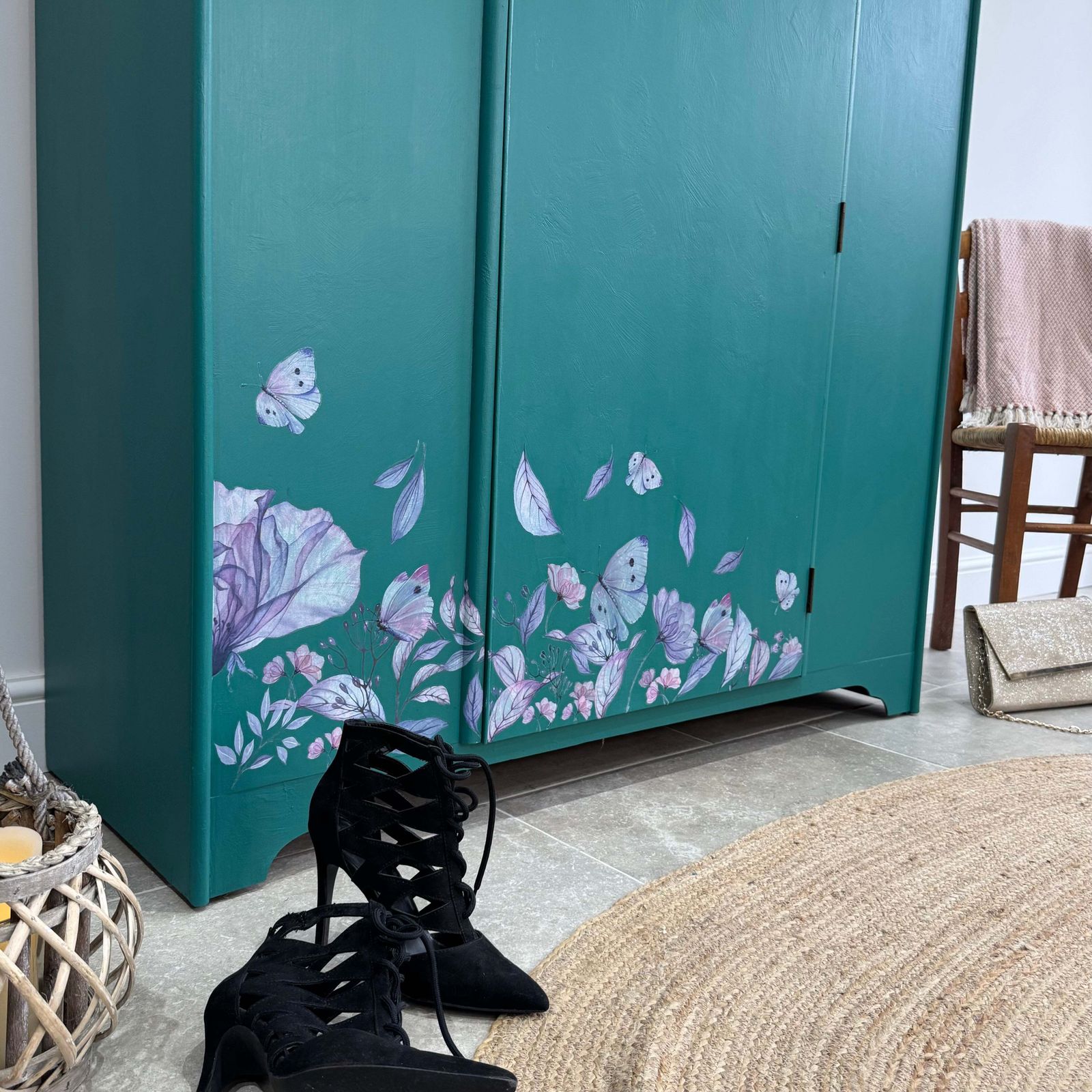 photo for sale Vintage Wardrobe Armoire Painted Teal Green With Florals