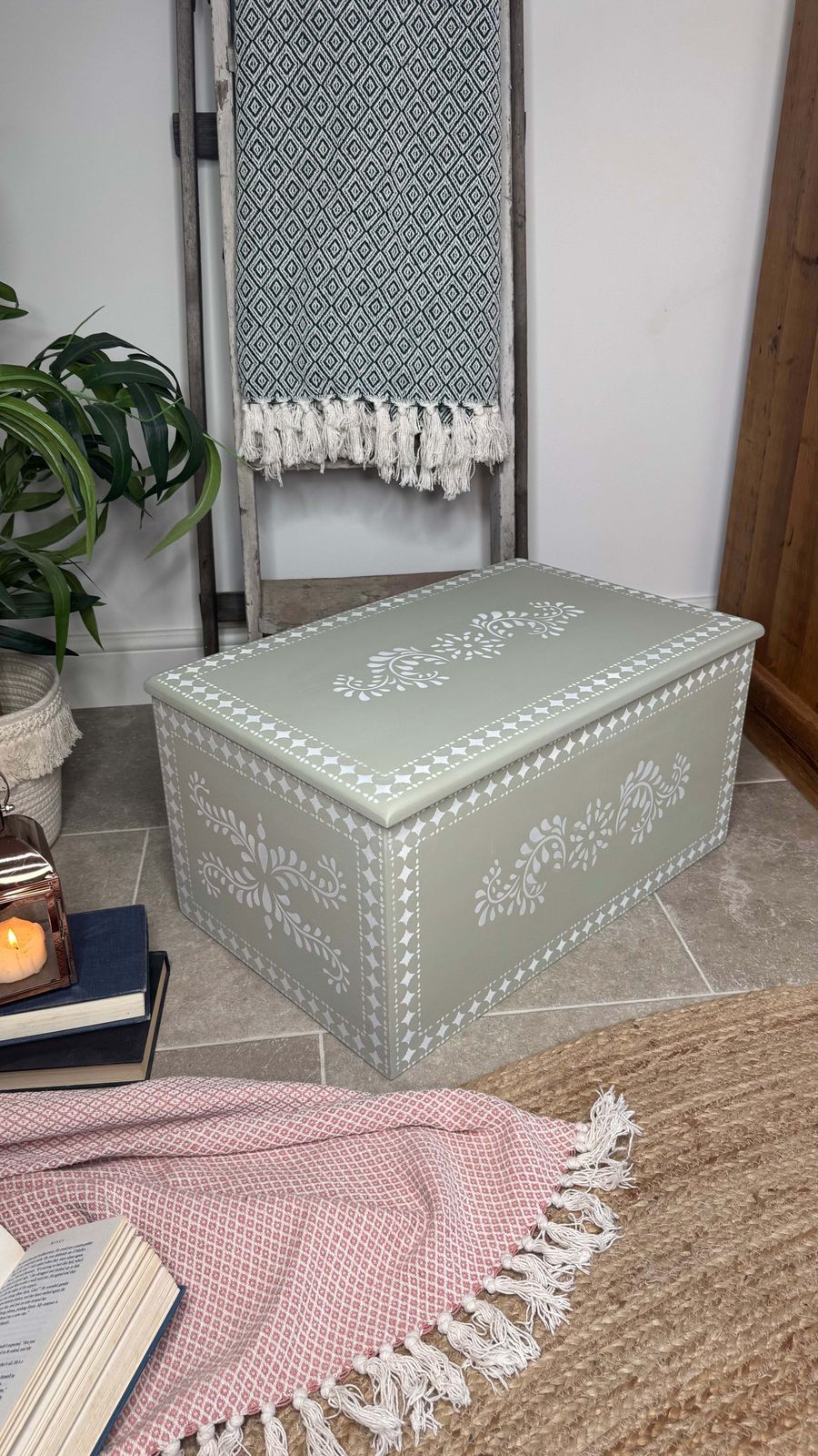 Wooden Storage Box Painted Green And White Patterned