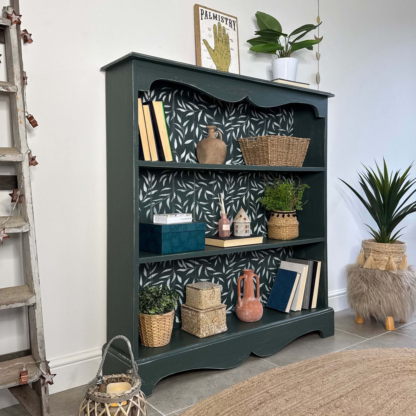 Rustic Pine Bookcase / Bookshelf Painted Dark Green And White Floral photo furniture
