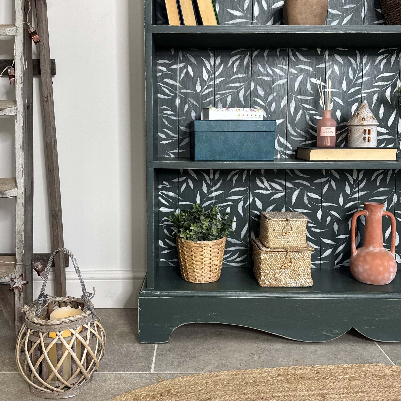 Rustic Pine Bookcase / Bookshelf Painted Dark Green And White Floral photo buy