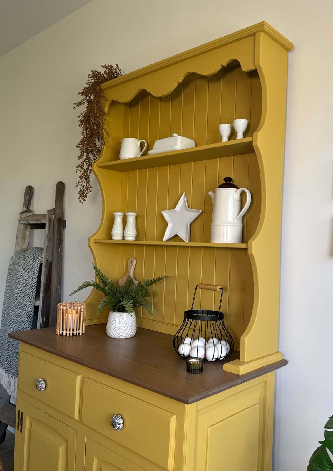 Pine Kitchen Welsh Dresser, Painted Colourful Mustard Yellow photo vintage