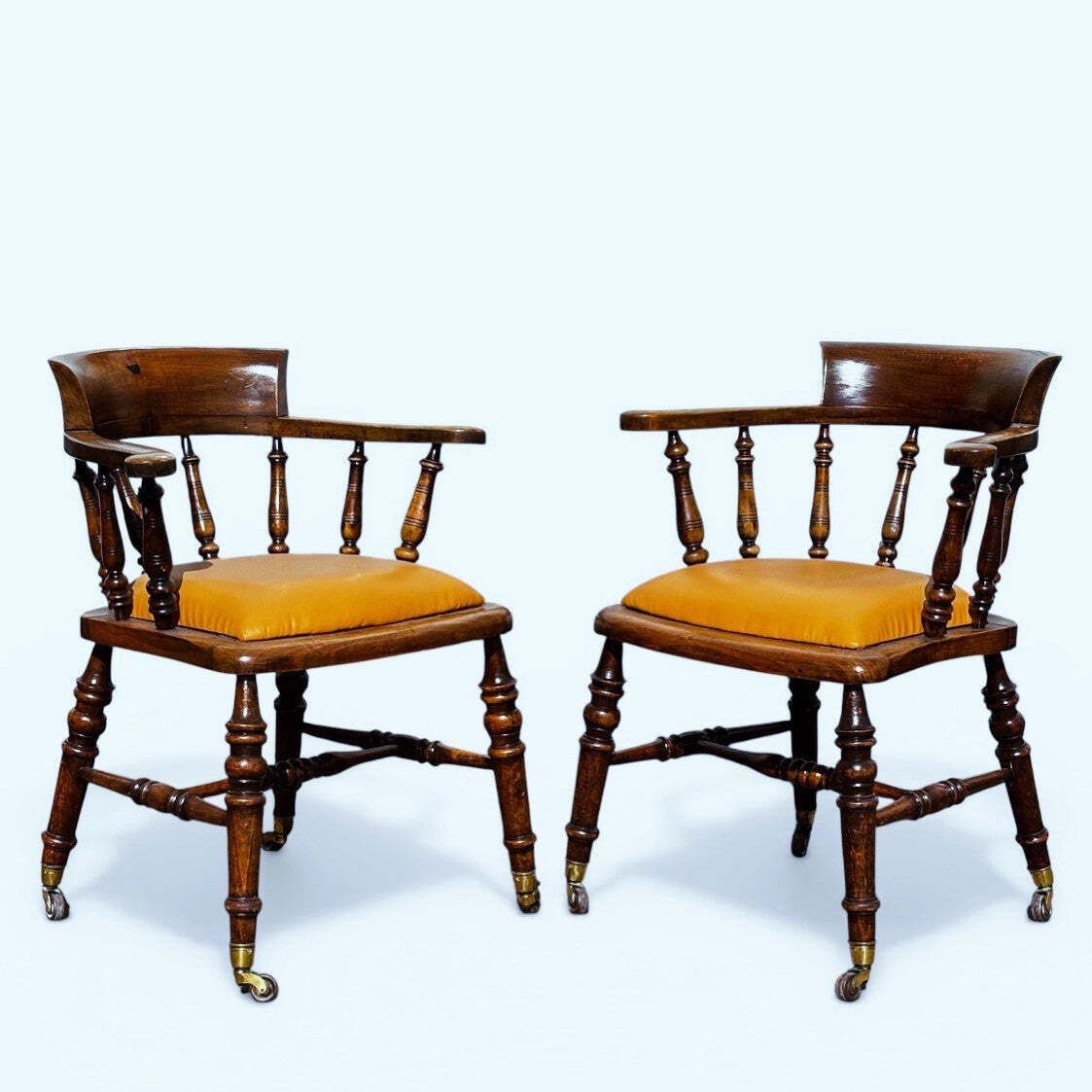 Victorian Pair Of Library Armchairs, On Brass Castors, Good Quality Examples.
