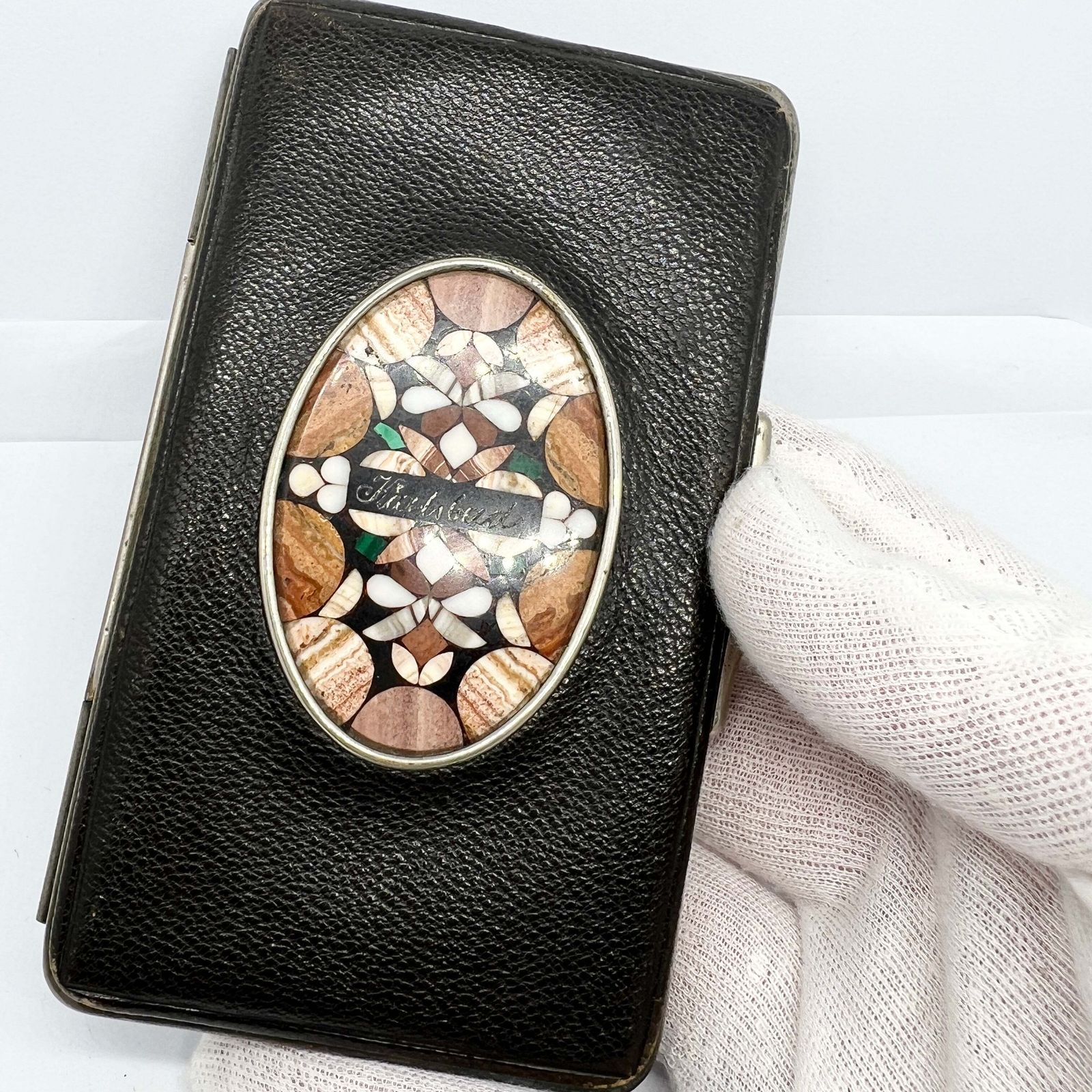 Karlovy Vary / Karlsbad, Czech Republic. Antique C 1910s Souvenir Pietre Dura Mosaic Leather Card Case. photo 154.0