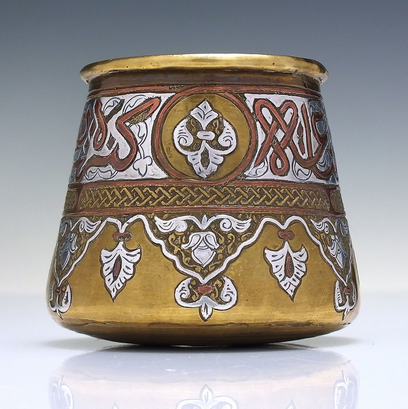 19th Century Middle East Mumluk Revival Brass, Copper & Silver Inlaid Cup C1850