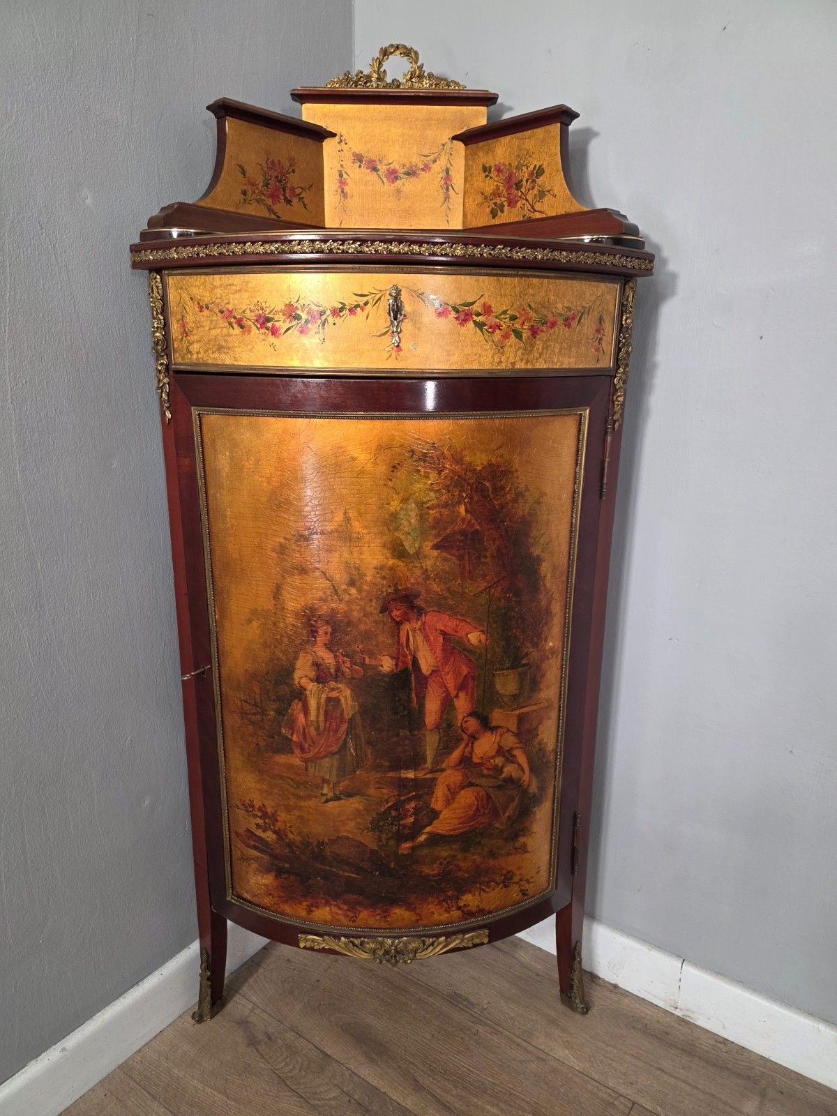 Antique French Vernis Martin Style Corner Cupboard 1900s
